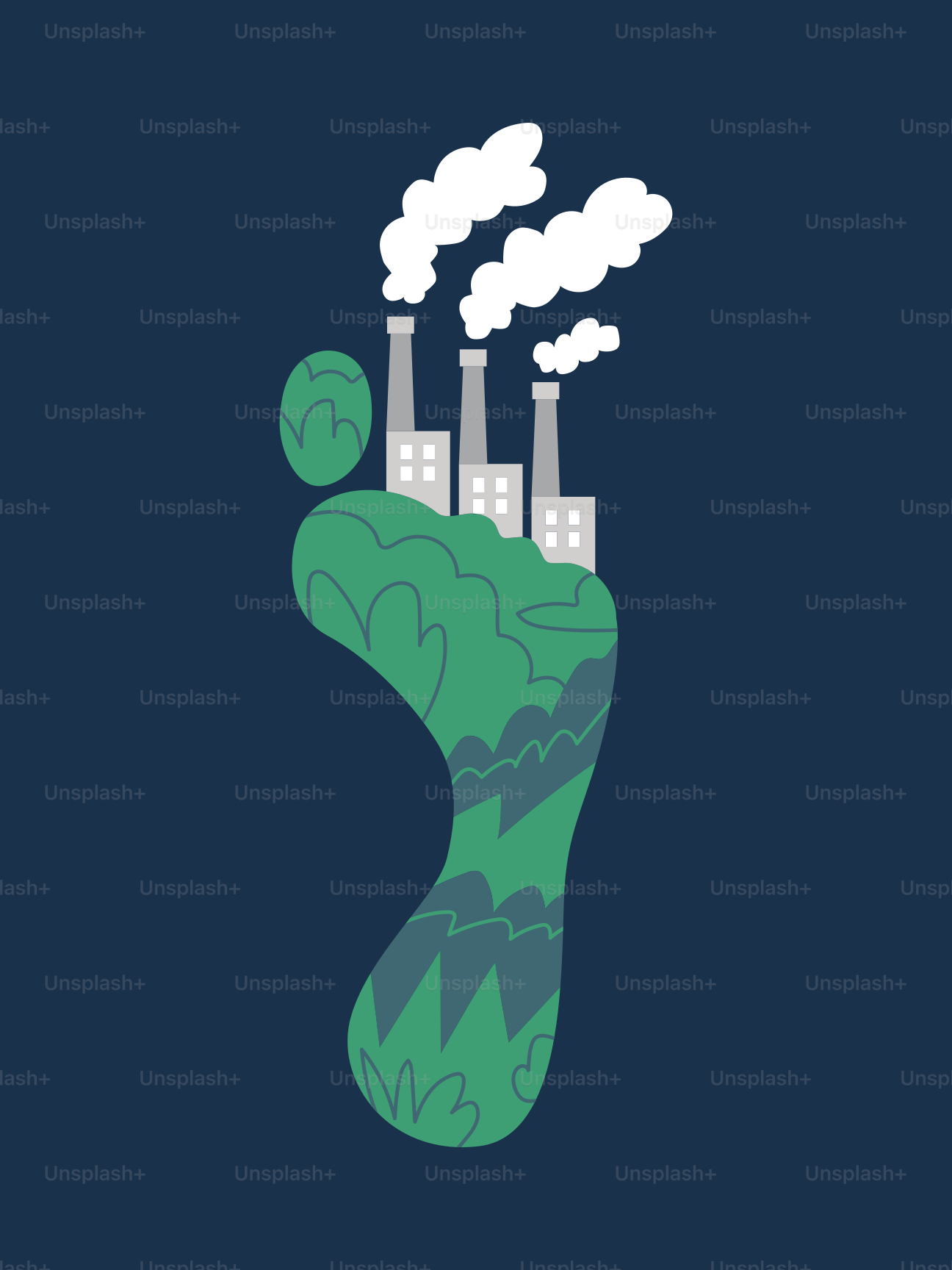 Huella con fábricas emitiendo humo sobre un fondo oscuro