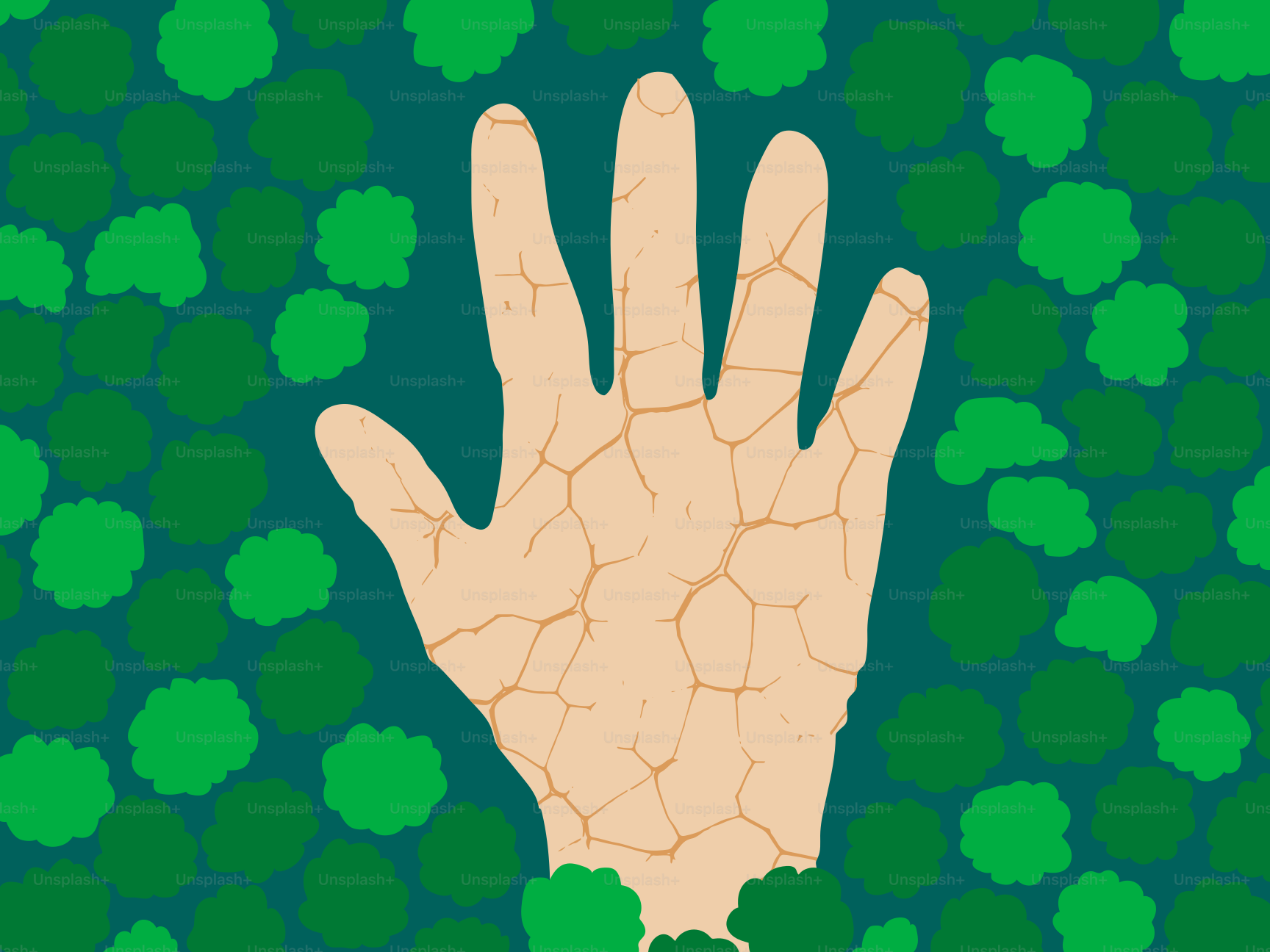 Dry cracked hand emerging from green foliage