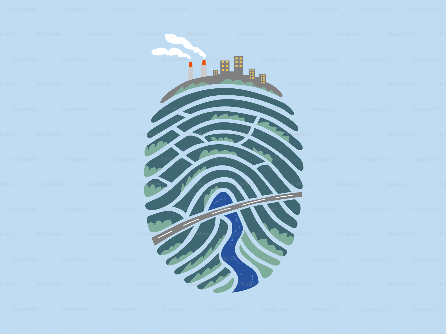 Fingerabdruckförmige Landschaft mit Stadt und Fluss