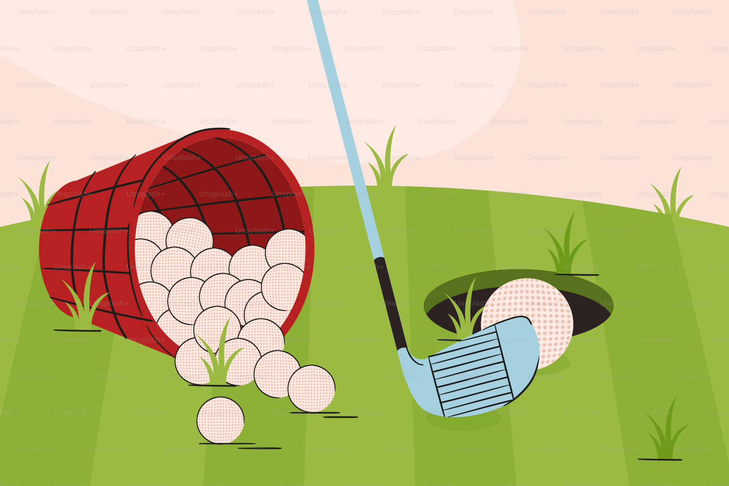 Golf club and balls near hole on green