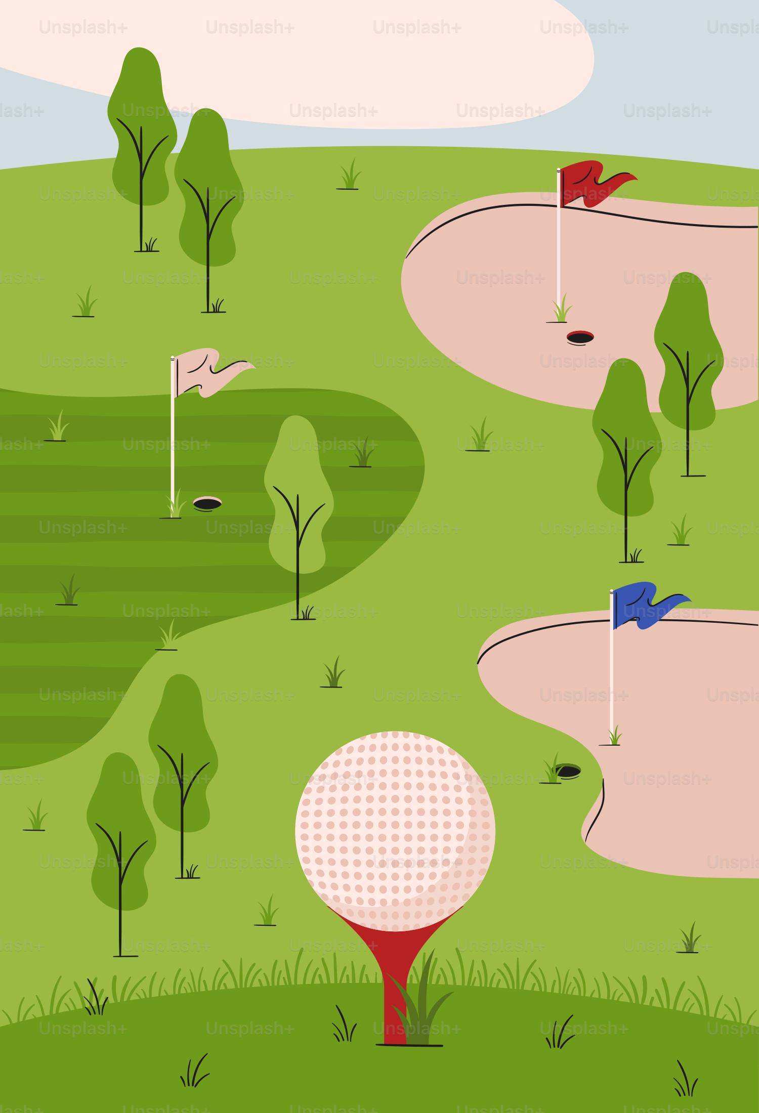 Golf ball on tee with sand traps and flags