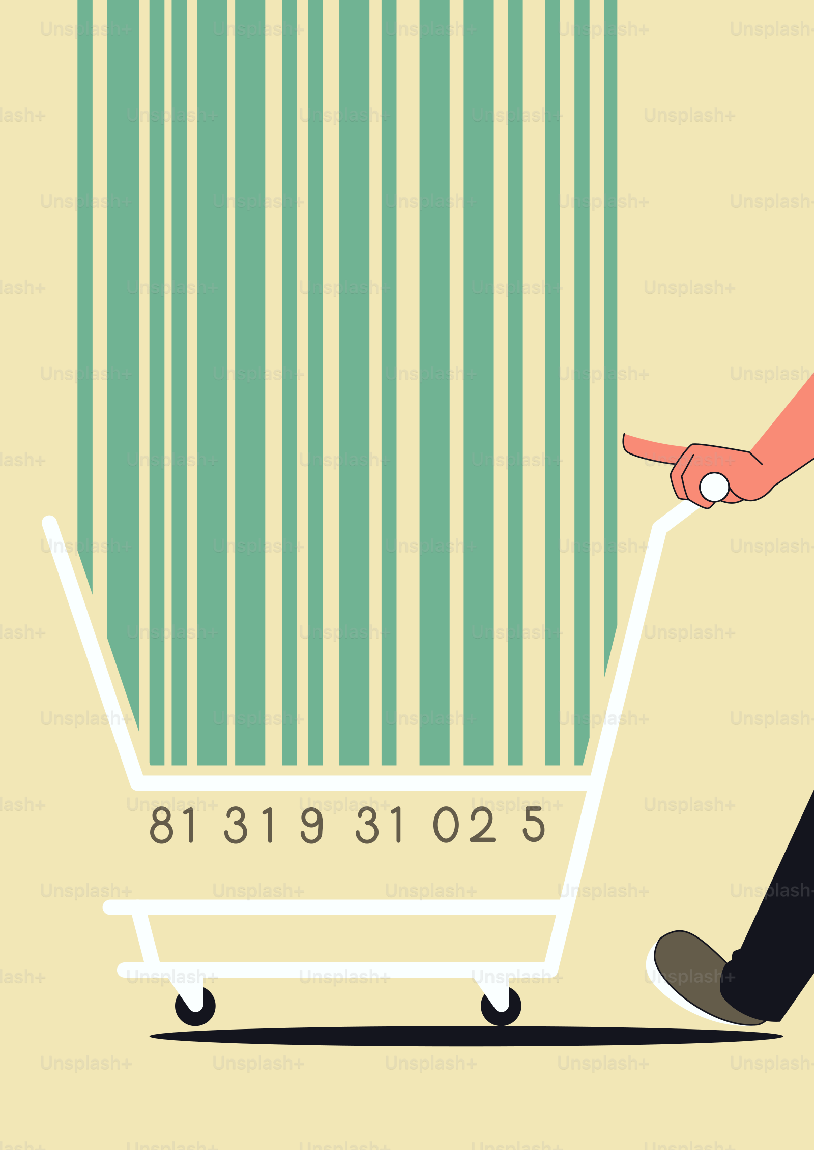 Person schiebt den Einkaufswagen mit einem Barcode-Muster wie ein Barcode