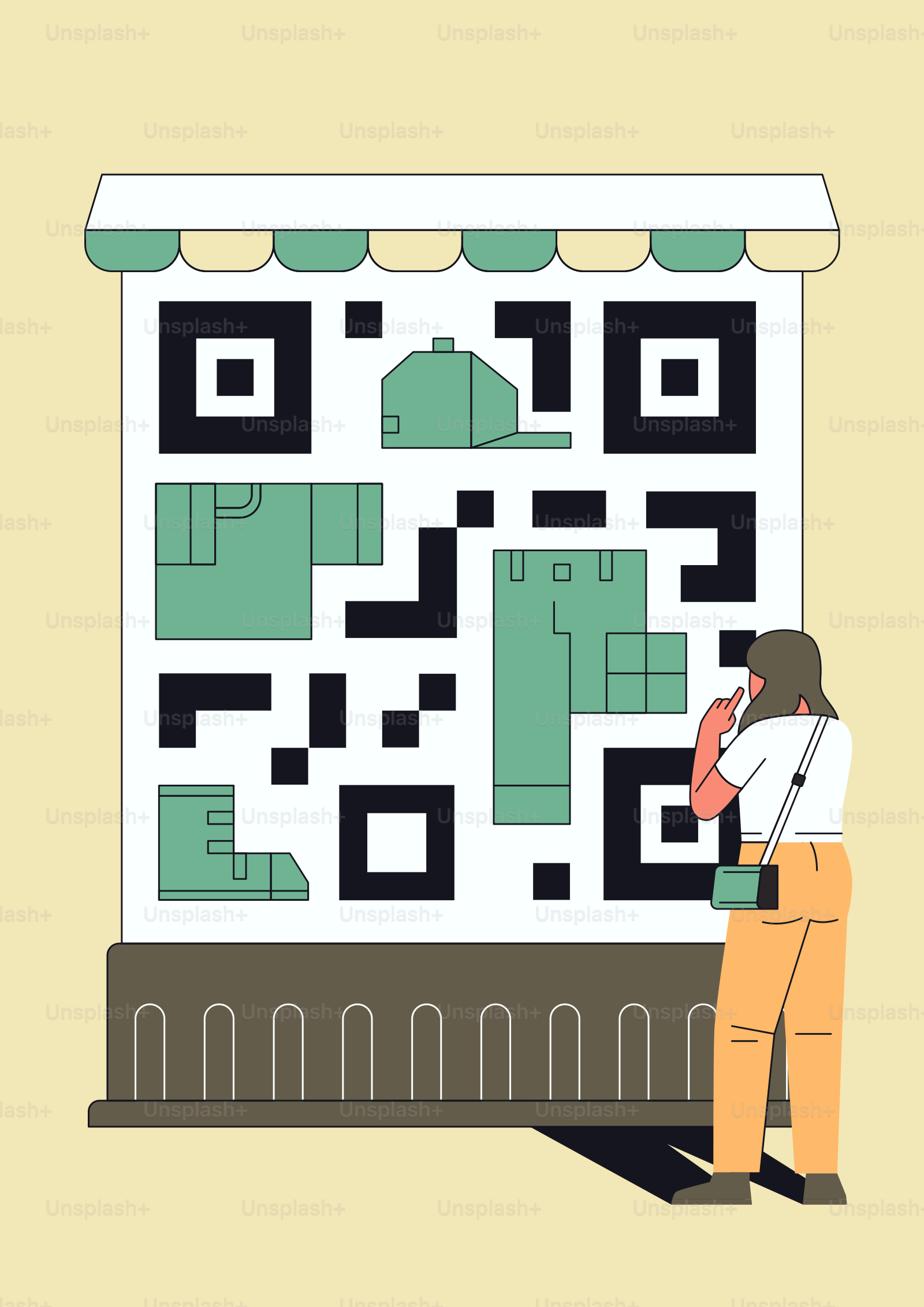 Woman looking at qr code with clothing items