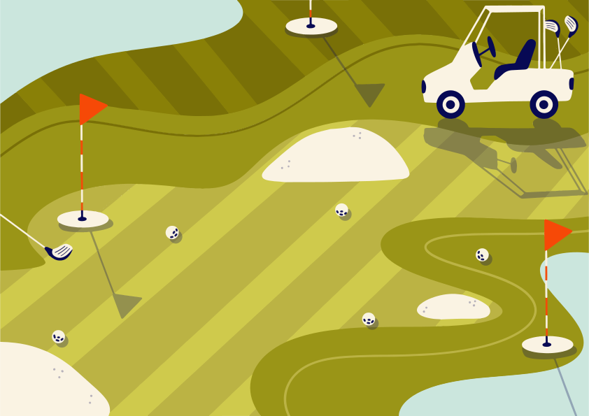 Golf course with cart, flags, and balls