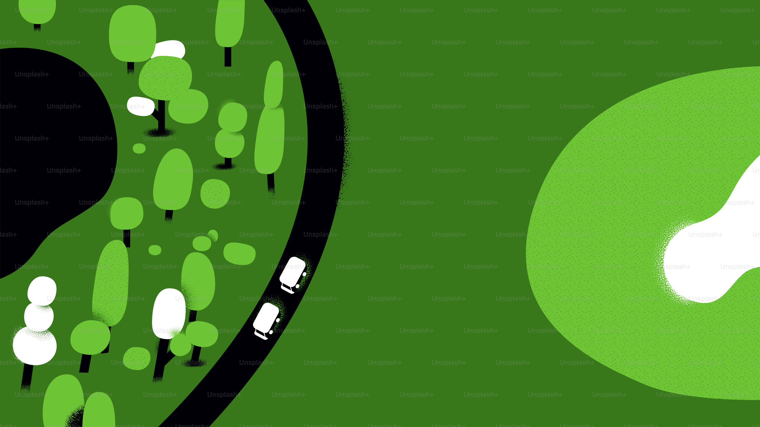 Two cars driving on a winding road through trees