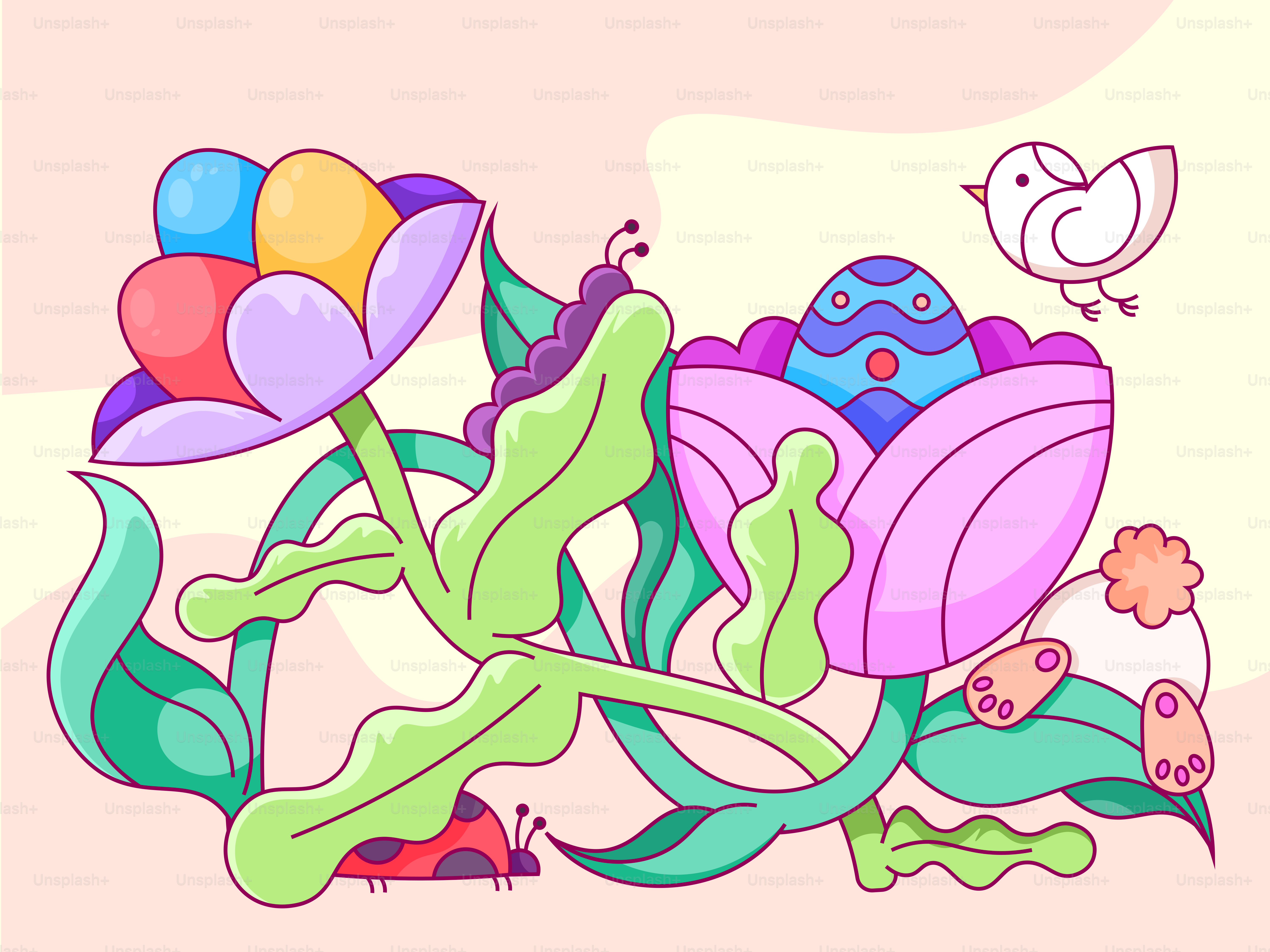 Bunte Ostereier eingebettet in verspielte Blumen mit einem Vogel.