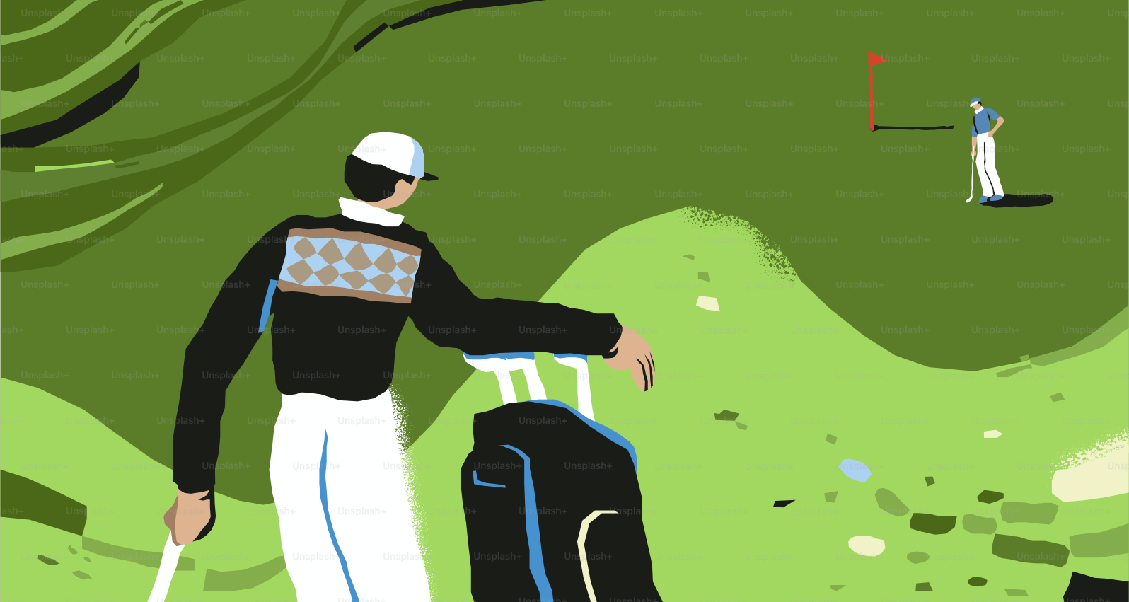 Golfer stands on green near flag with bag