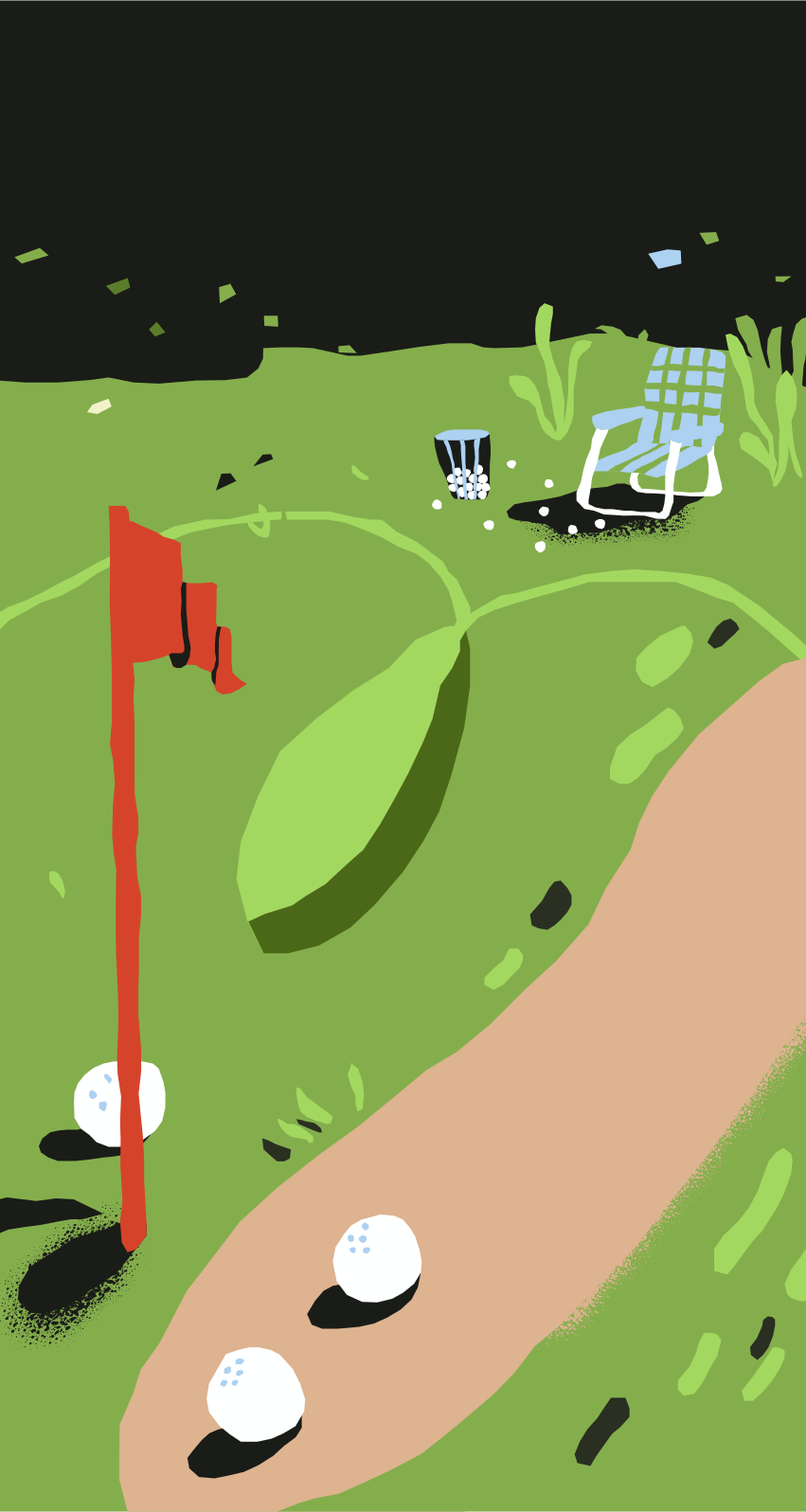 Golf balls near a flag on a green course