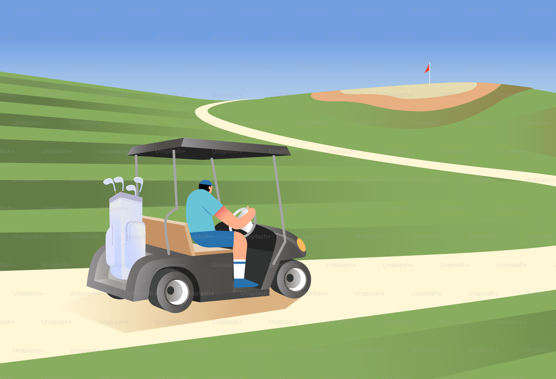 Man driving golf cart on a sunny golf course