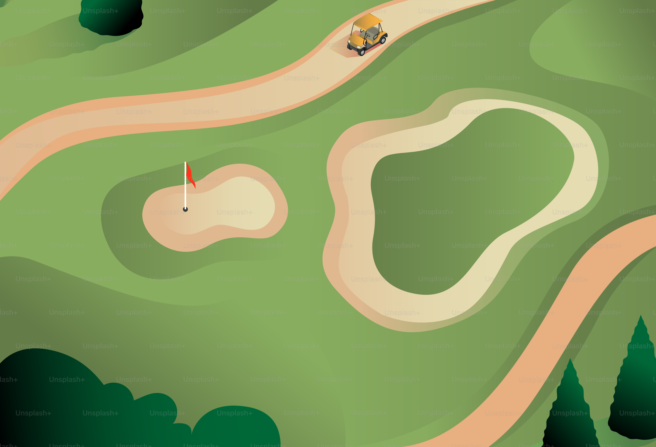 Luftaufnahme eines Golfplatzes mit einem Wagen.