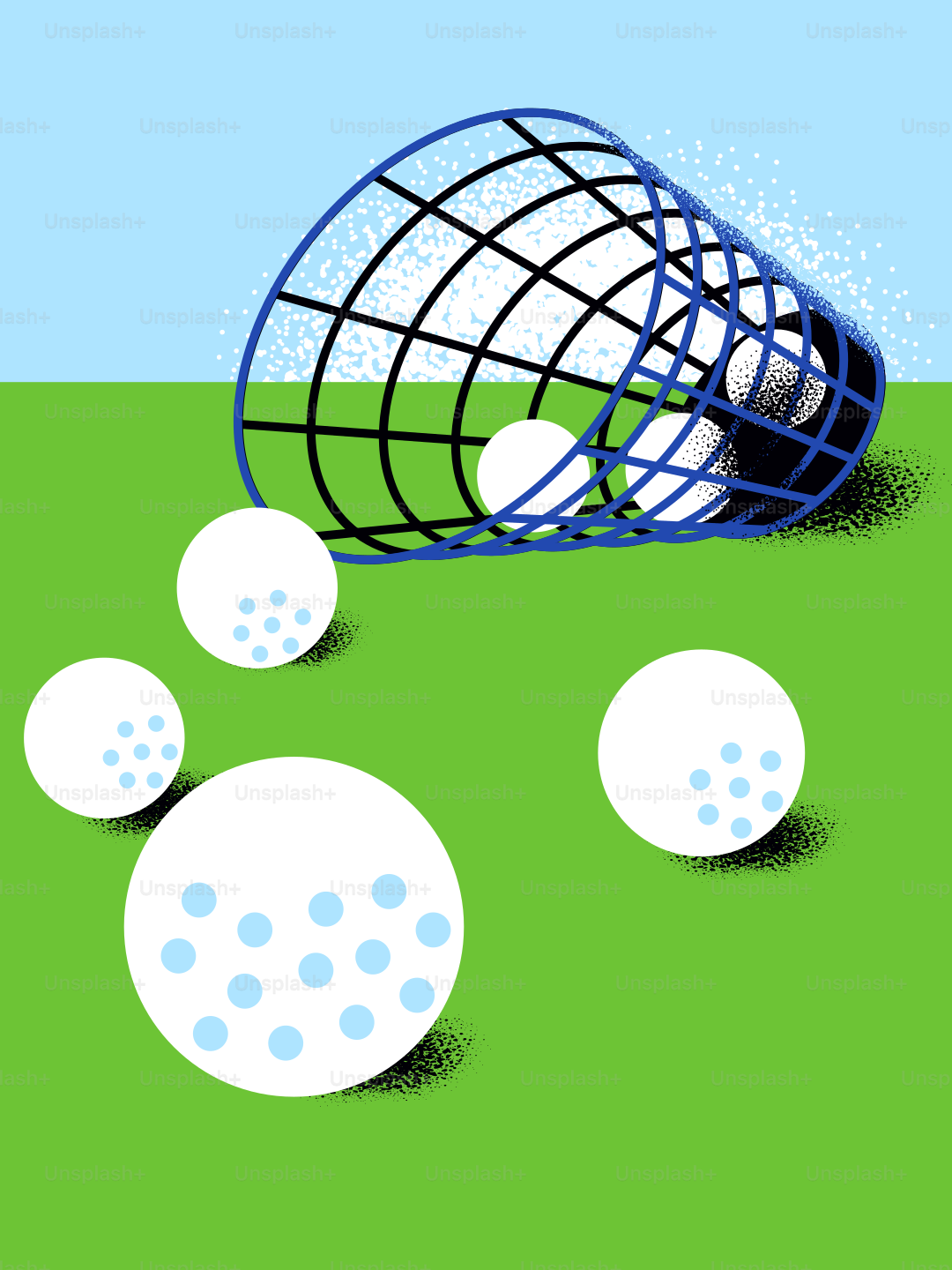 Golf balls spill from a blue net on green grass