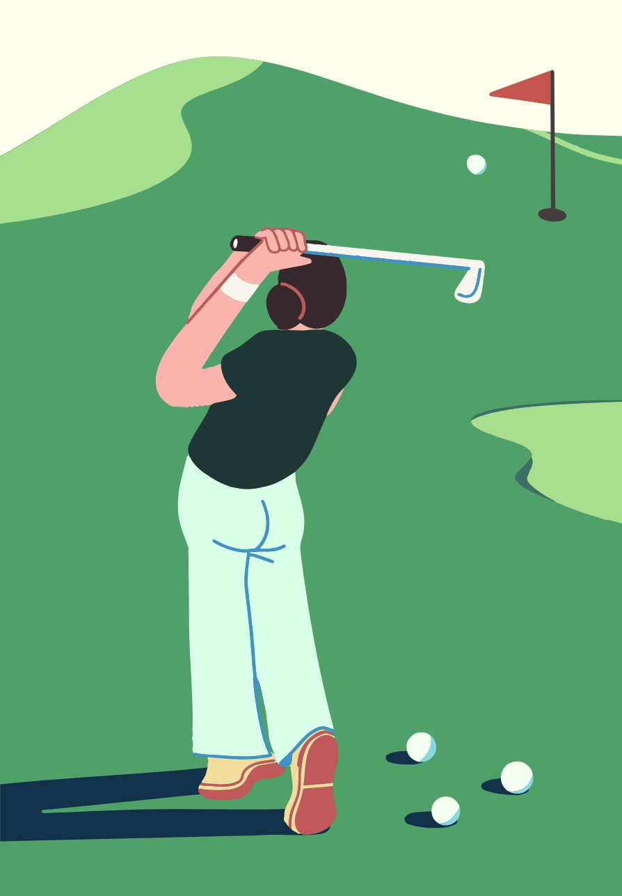 ゴルファーが旗を掲げたグリーンコースでクラブを振る