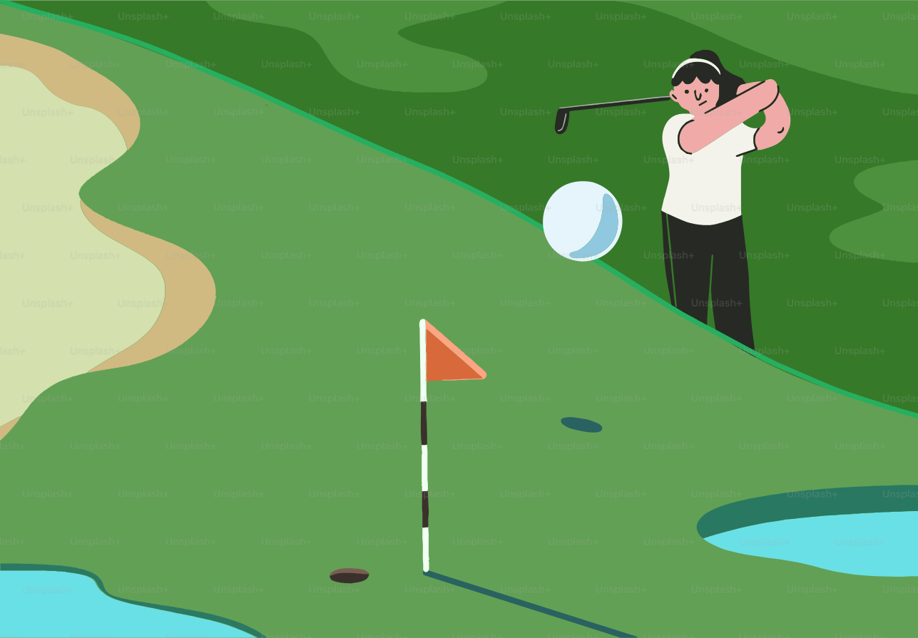 Woman swinging golf club on a green course