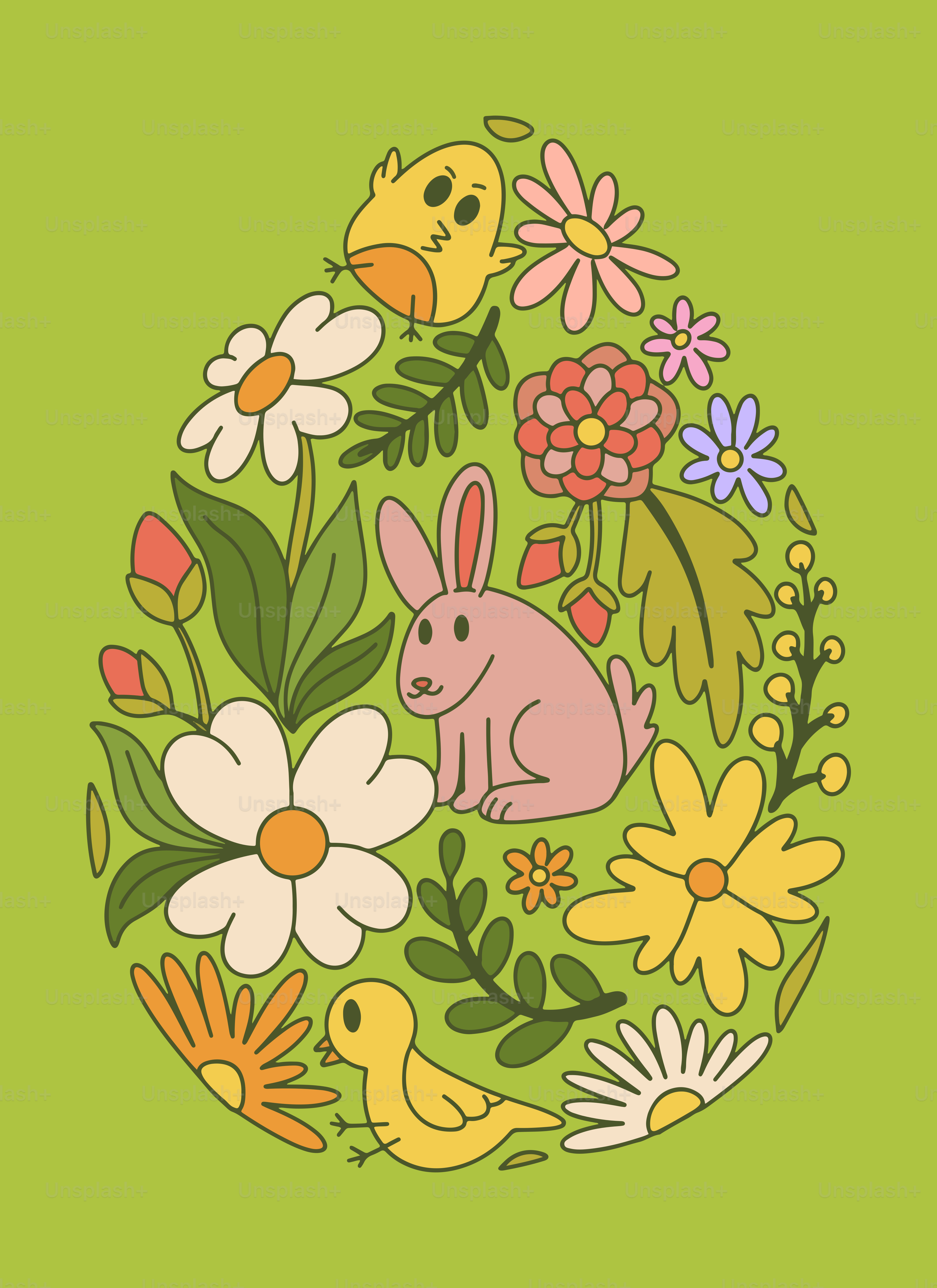 Osterei-Form gefüllt mit Blumen, Kaninchen und Küken.