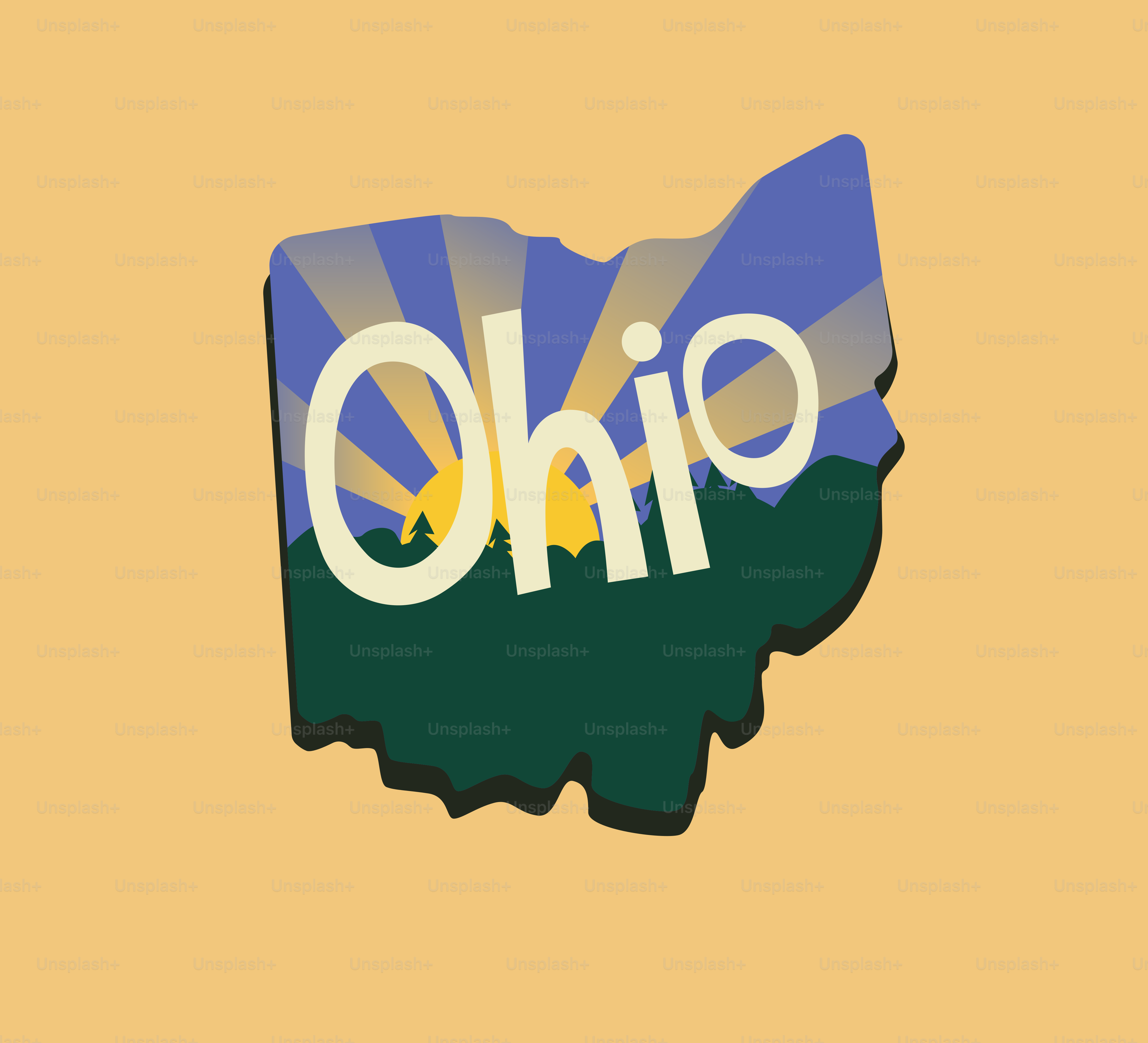 Outline of ohio with a sunrise and trees