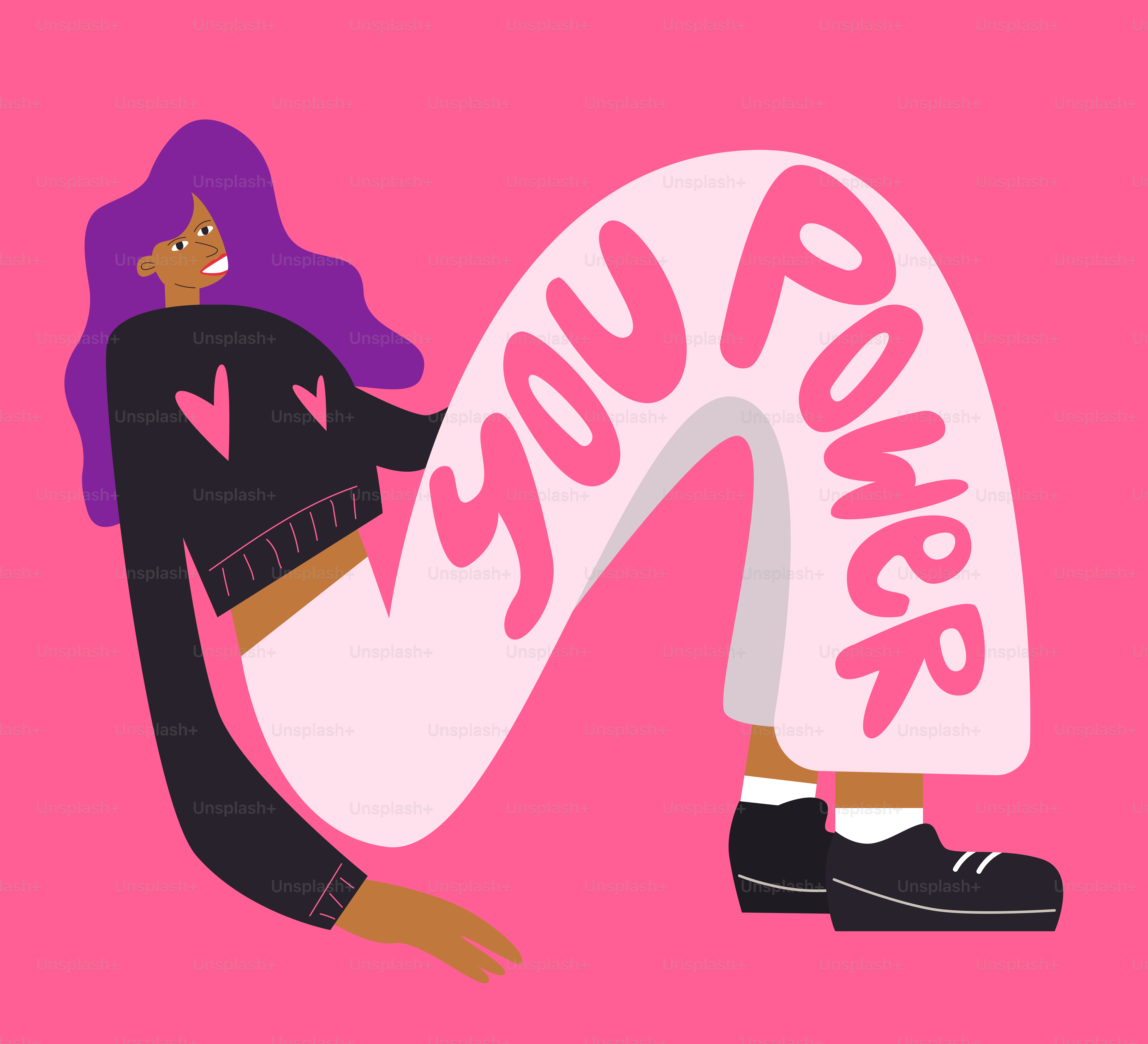 Woman with purple hair and "you power" on pants
