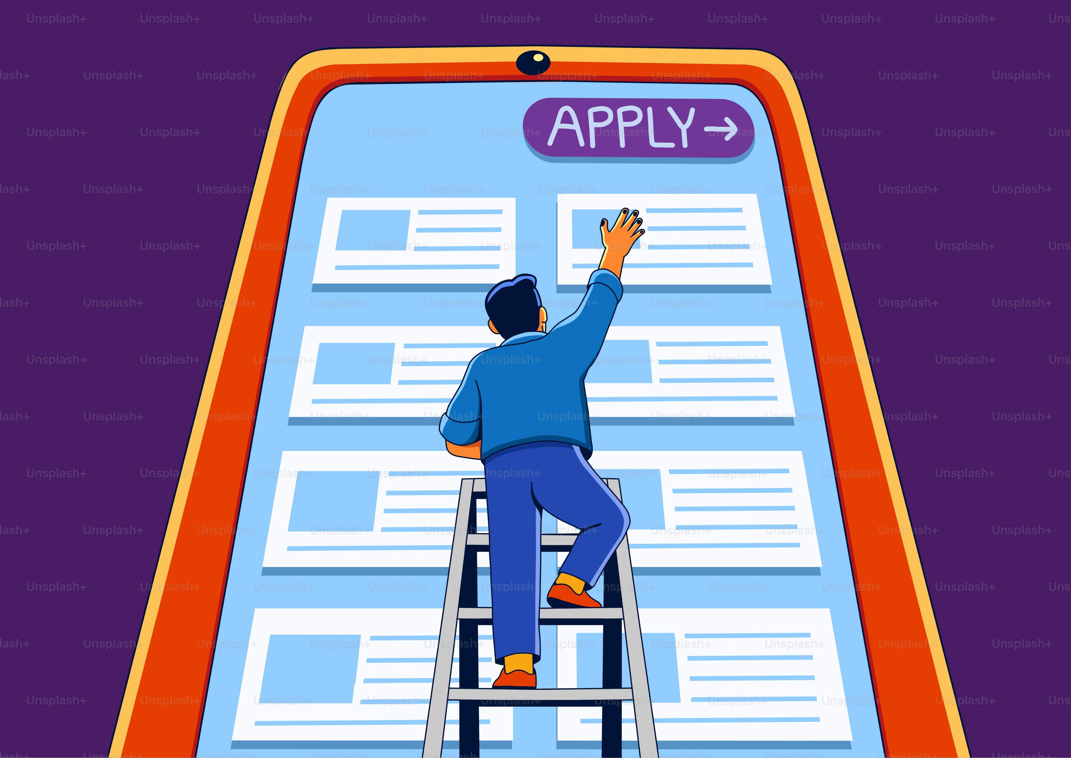 Man climbs ladder to apply for job on screen.
