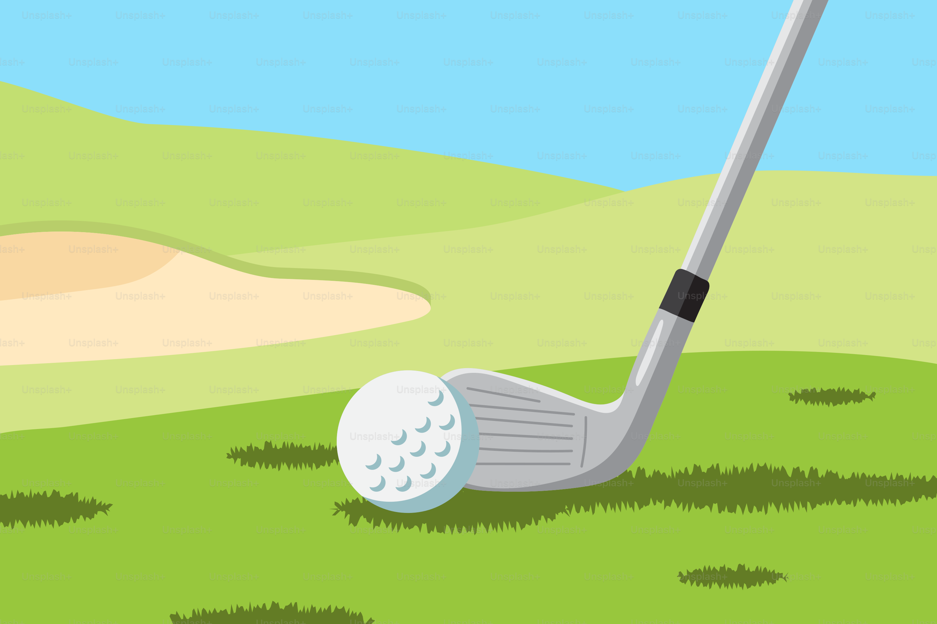 Palo de golf golpeando una bola en un campo verde.