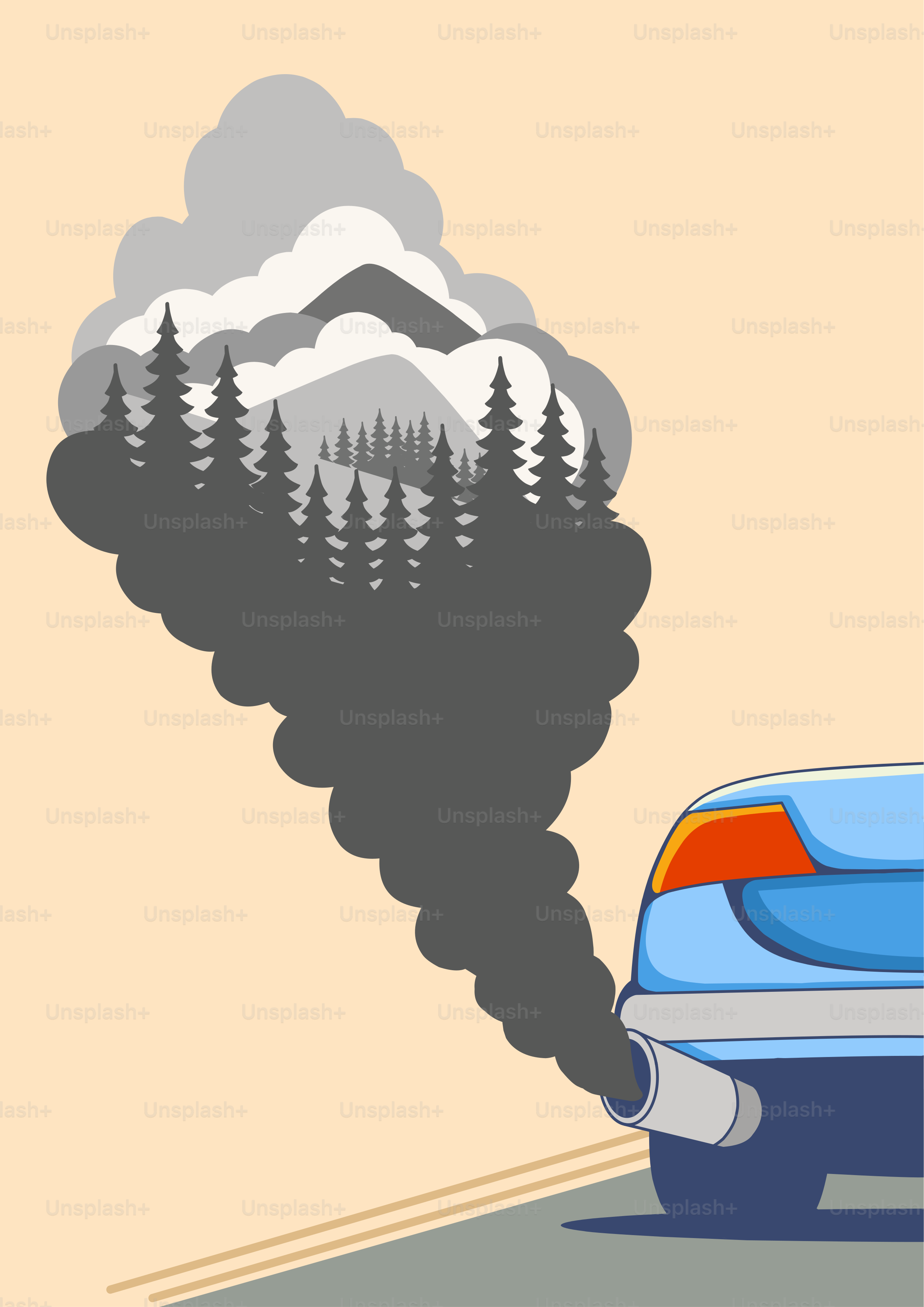 Car exhaust pollutes a forest and mountain landscape.