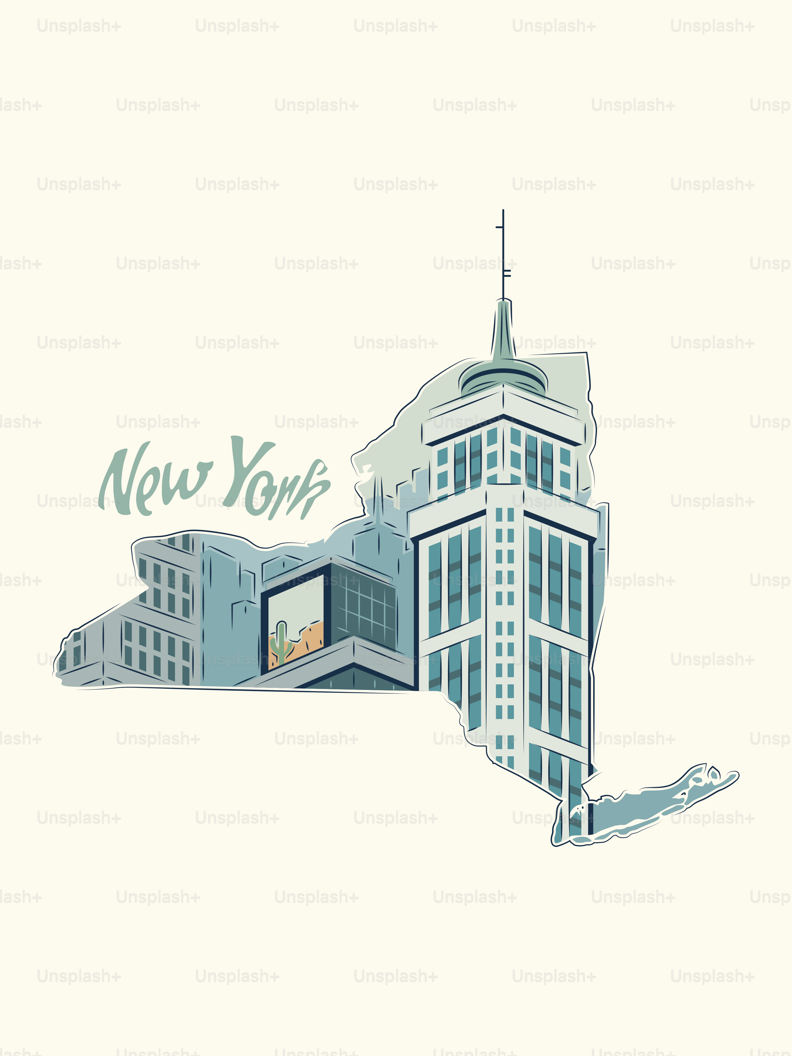 New york state outline with iconic buildings