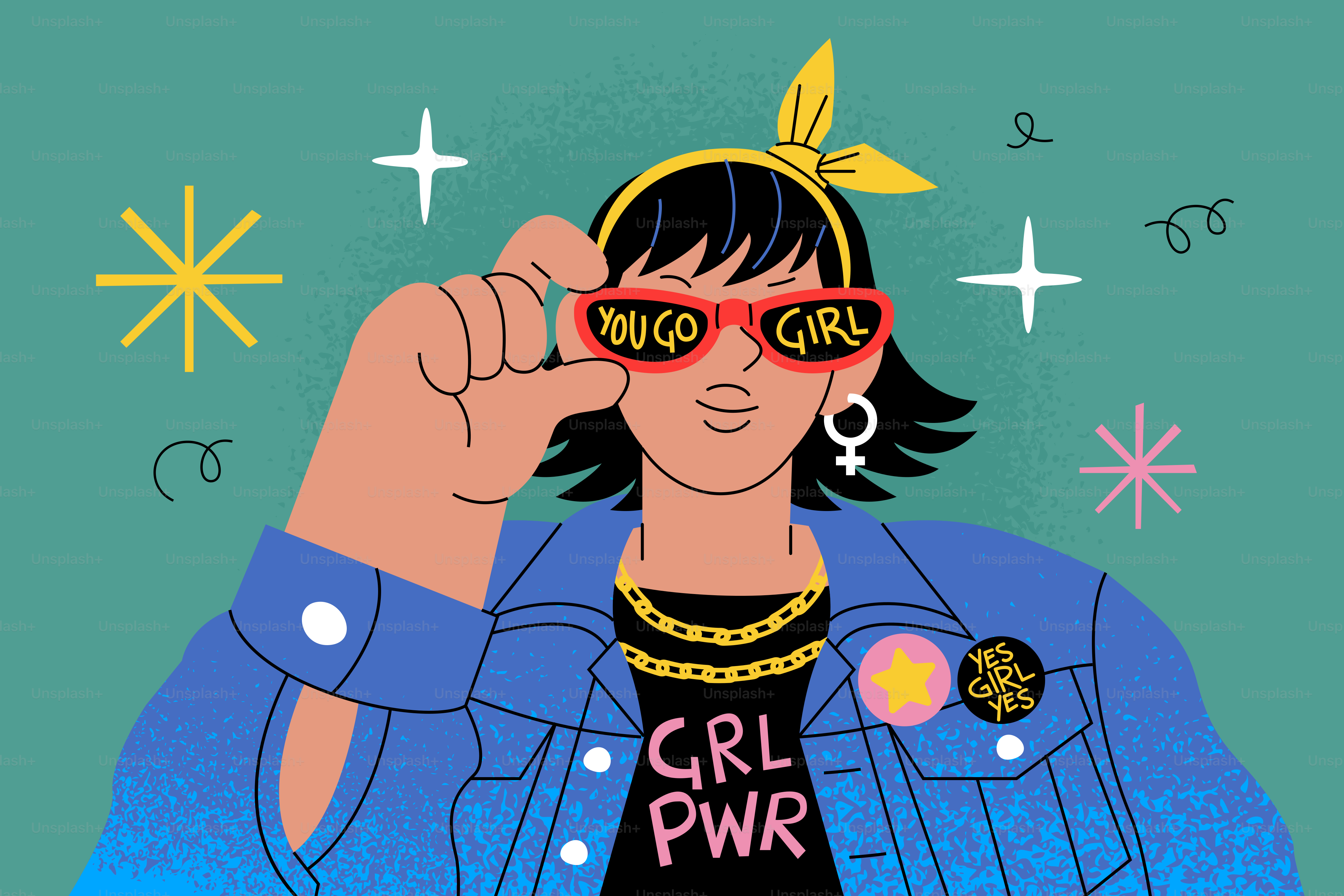 Woman wearing sunglasses and denim jacket with "grl pwr"