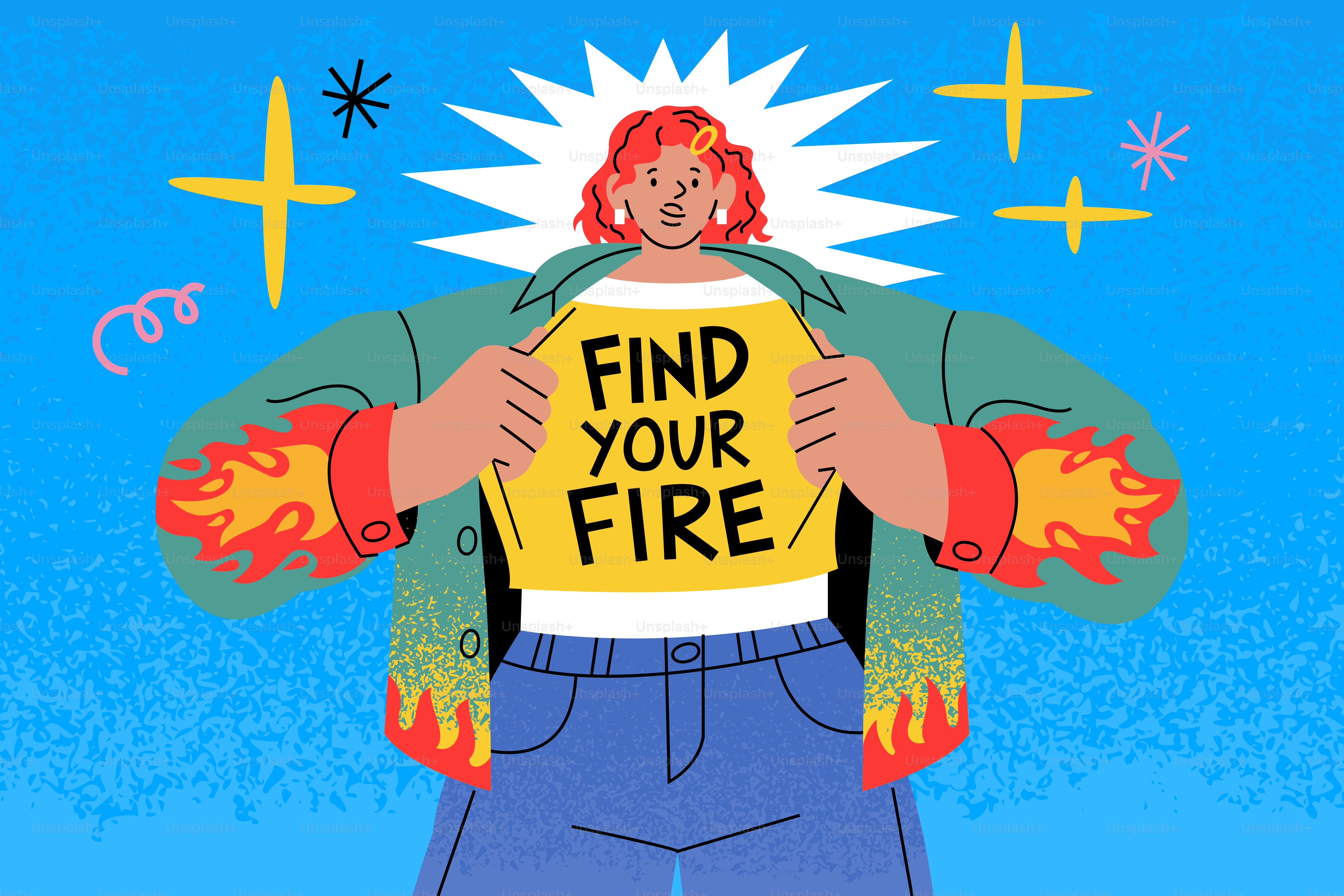 Woman revealing shirt with "find your fire" text