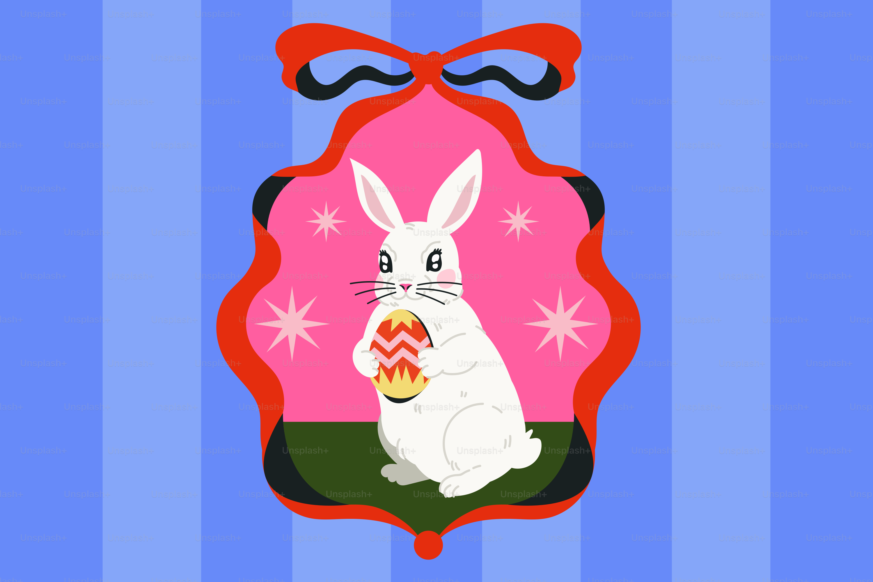 Um coelhinho branco da Páscoa segura um ovo decorado.