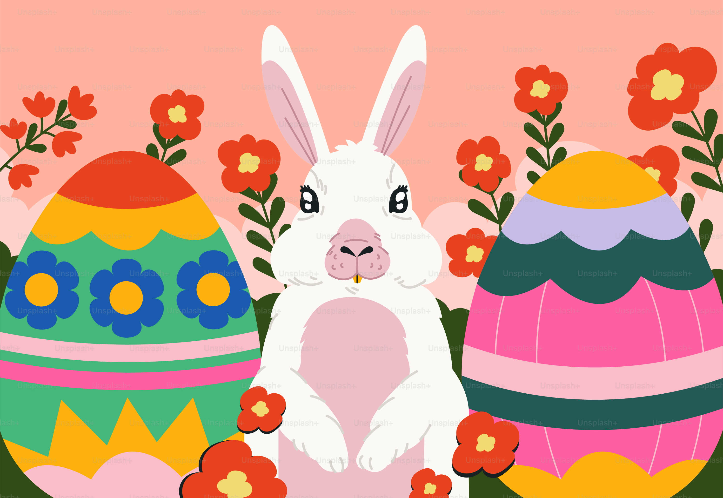 Um coelho branco está entre dois ovos de páscoa coloridos.