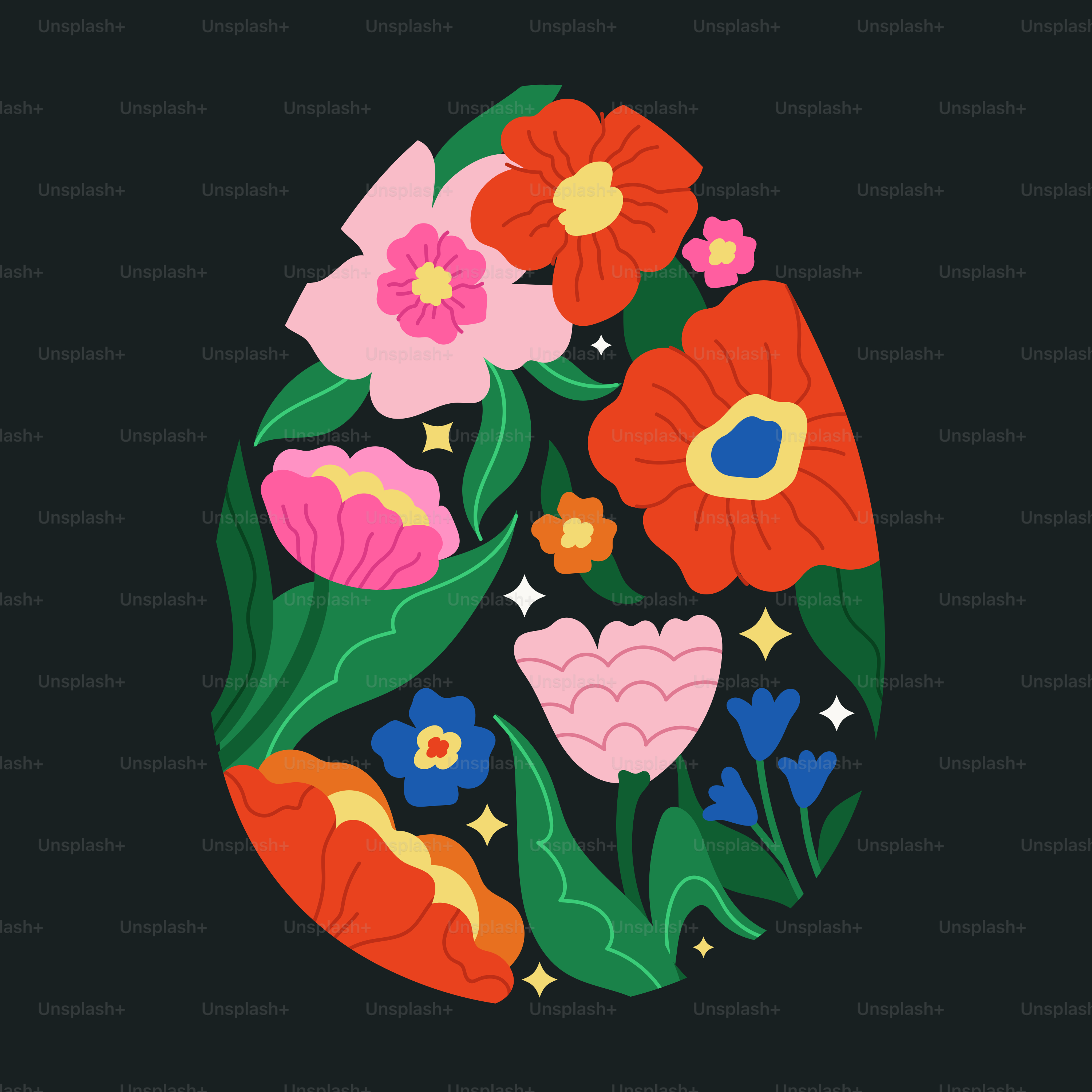 Em formato de ovo de Páscoa cheio de flores e folhas coloridas.