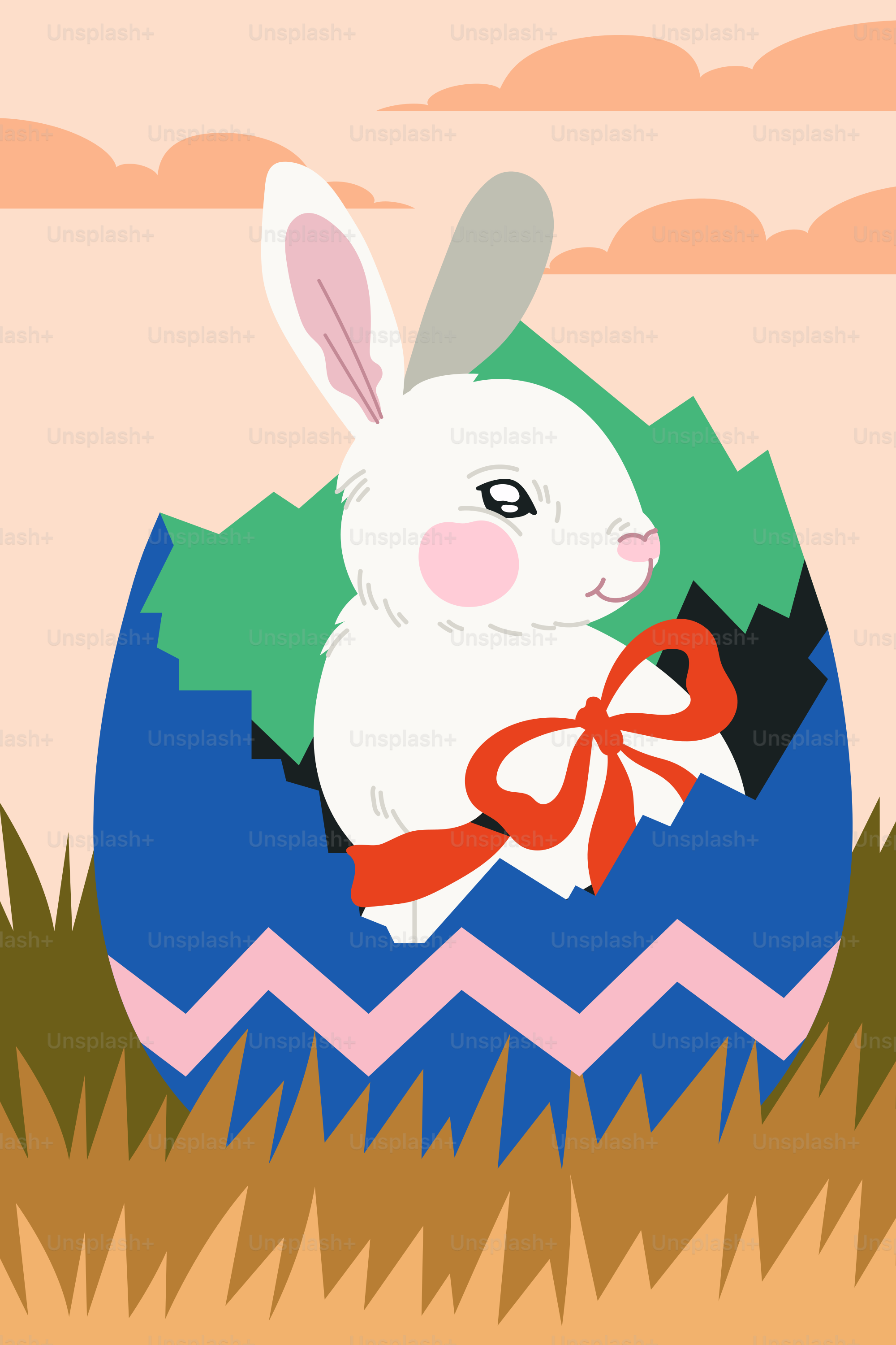 Um coelhinho branco espiando de um ovo azul rachado.