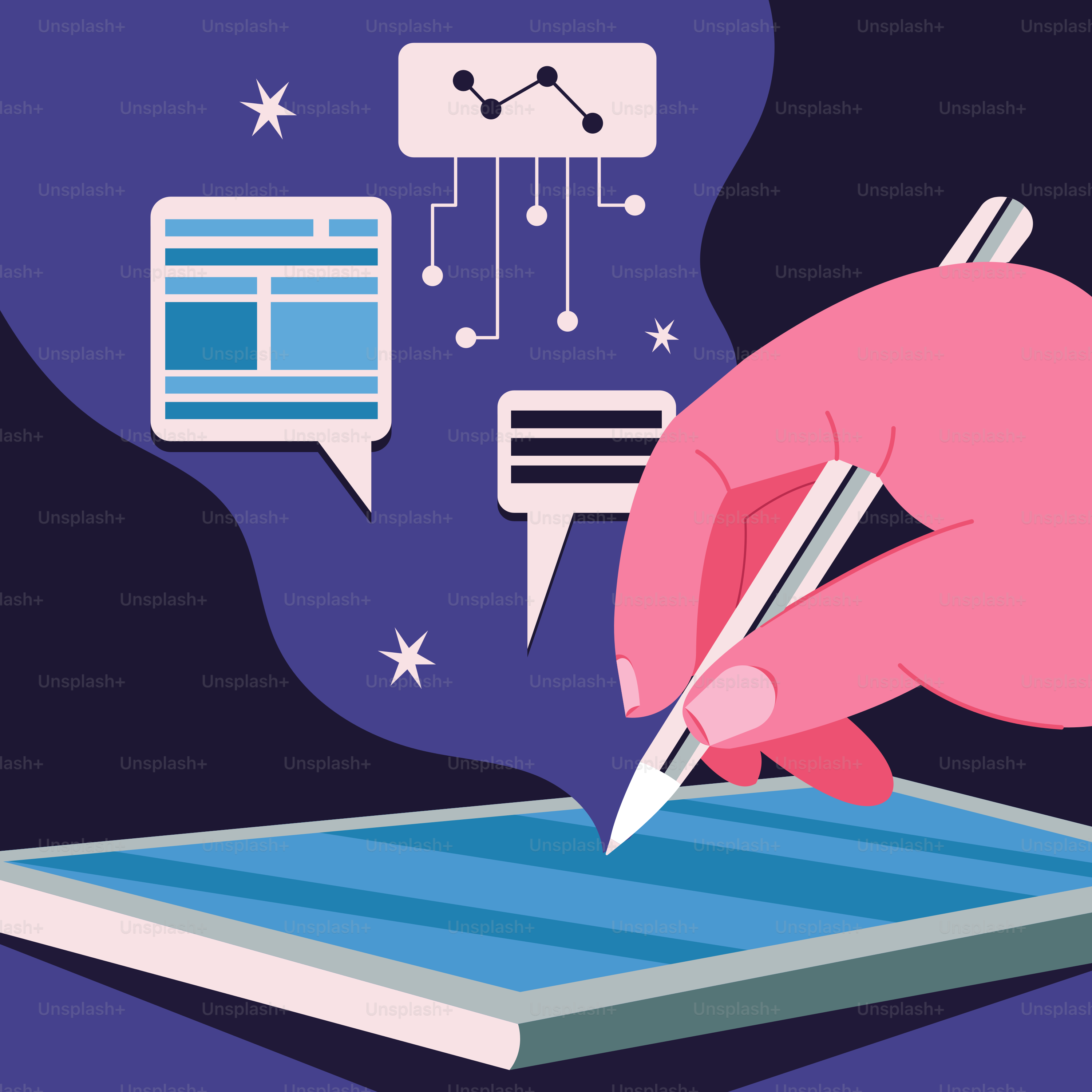 Escrita manual em tablet digital com elementos de dados abstratos