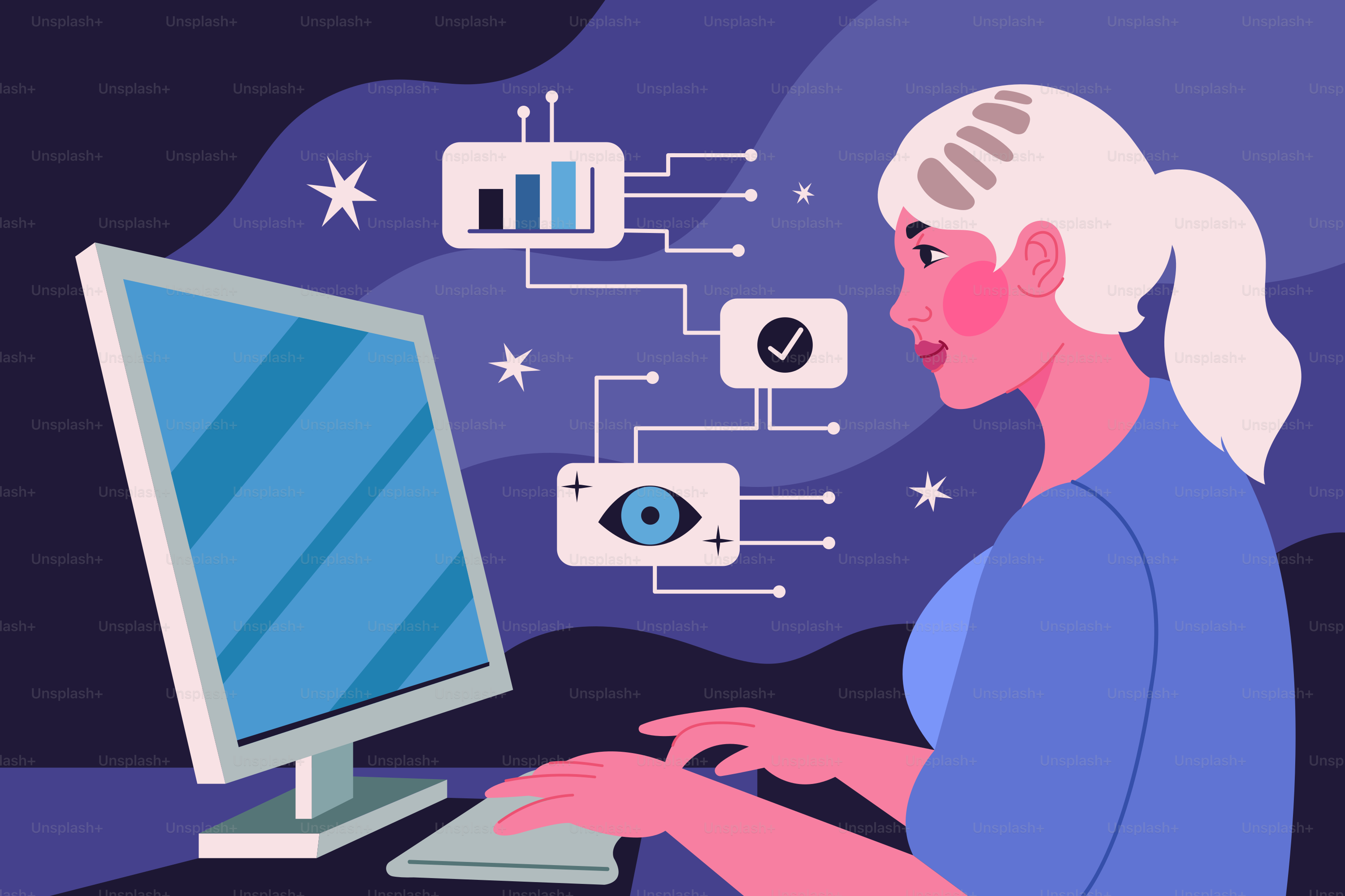 Mulher trabalhando em um computador com ícones de visualização de dados.