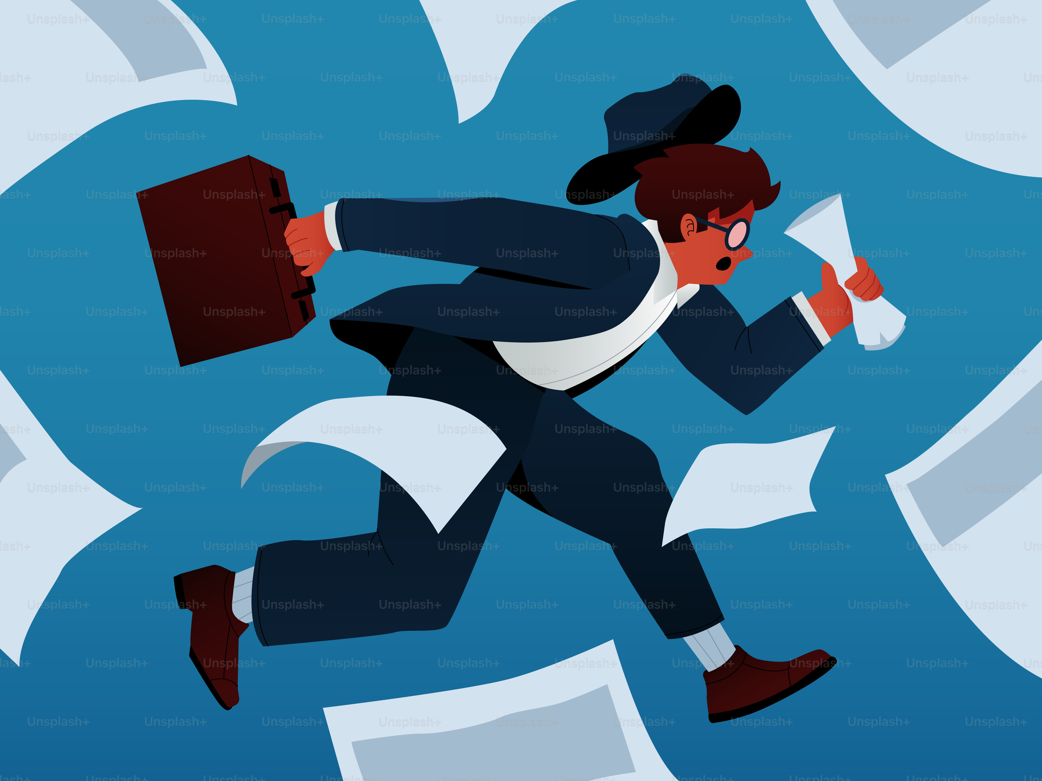 Homem de terno correndo com pasta e papéis