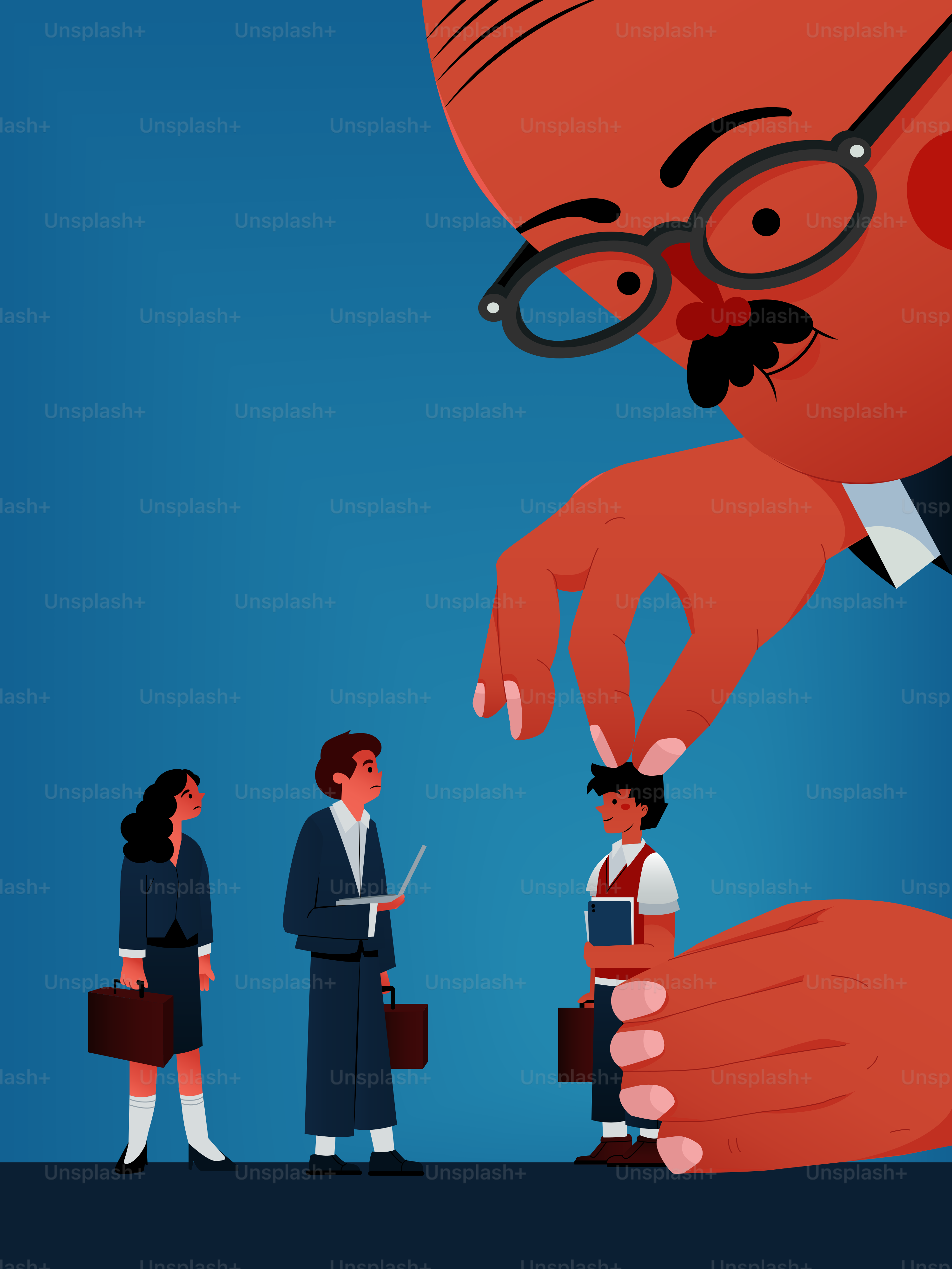 Mão gigante pega a pessoa pequena do grupo.