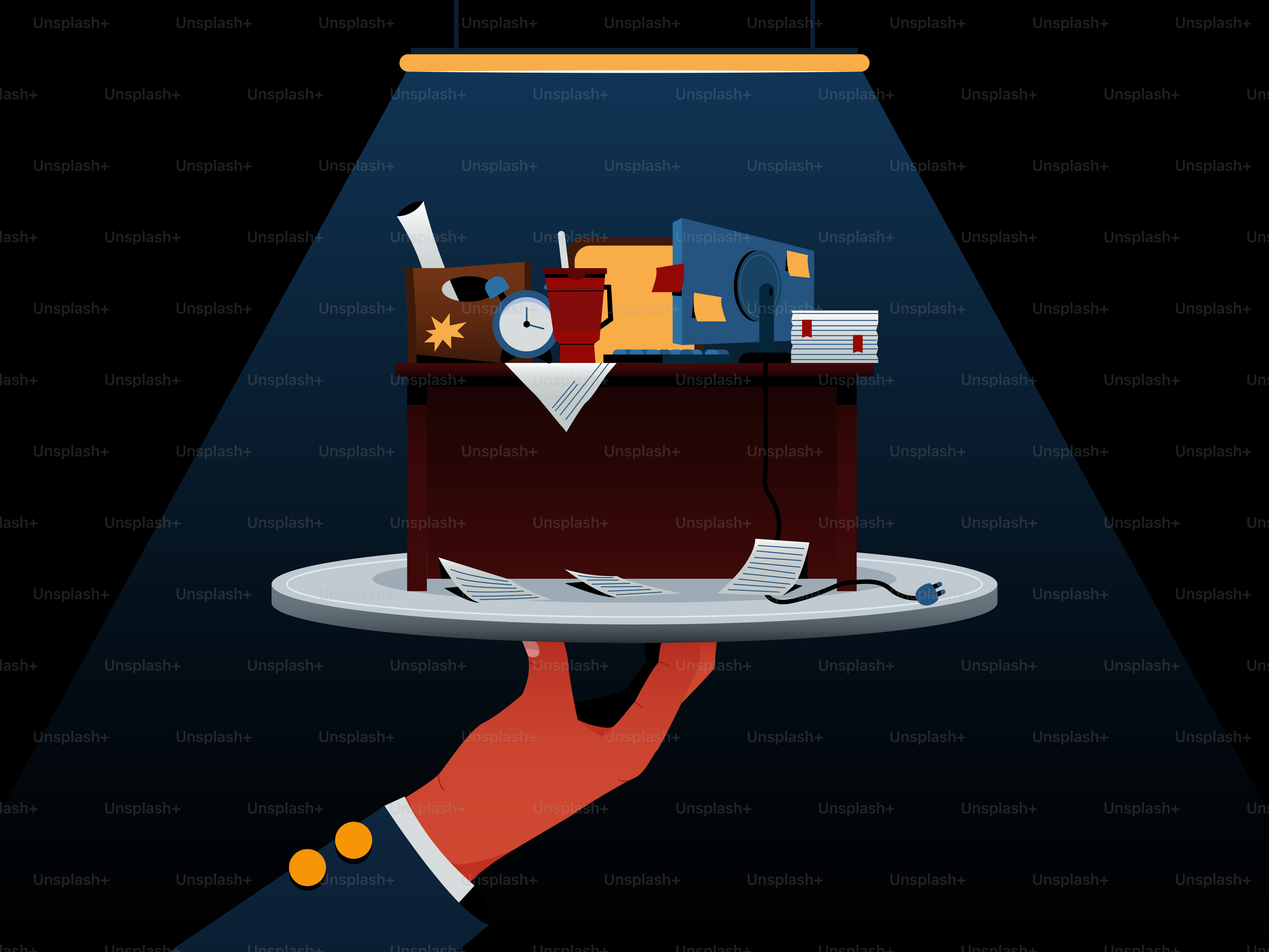 Carteiras e materiais de escritório servidos em bandeja.