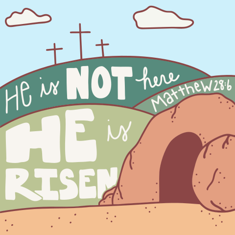 Ele é uma inscrição de ressuscitação com túmulo vazio e cruzes.