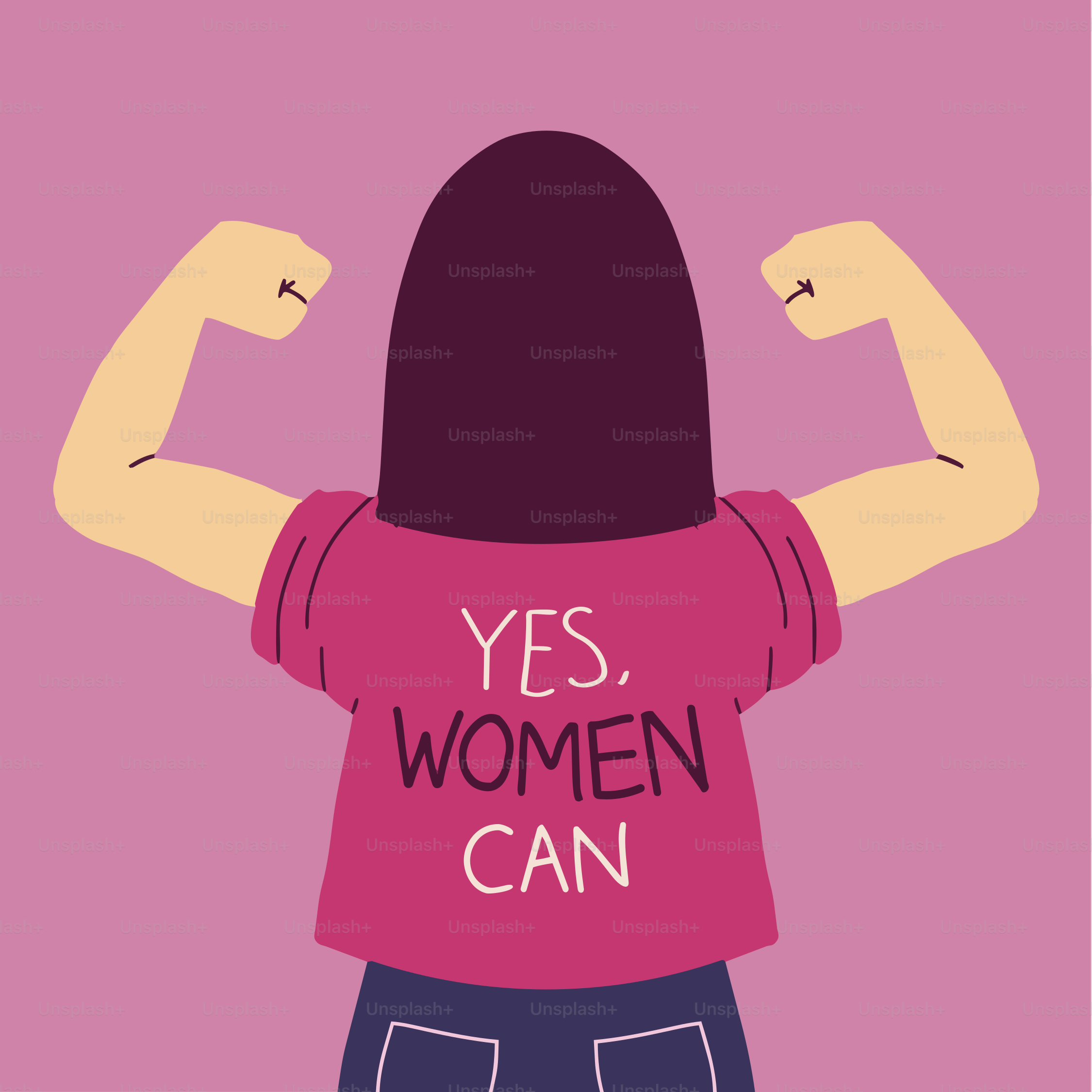 Frau zeigt Muskeln mit dem "Yes, women can"-Shirt.