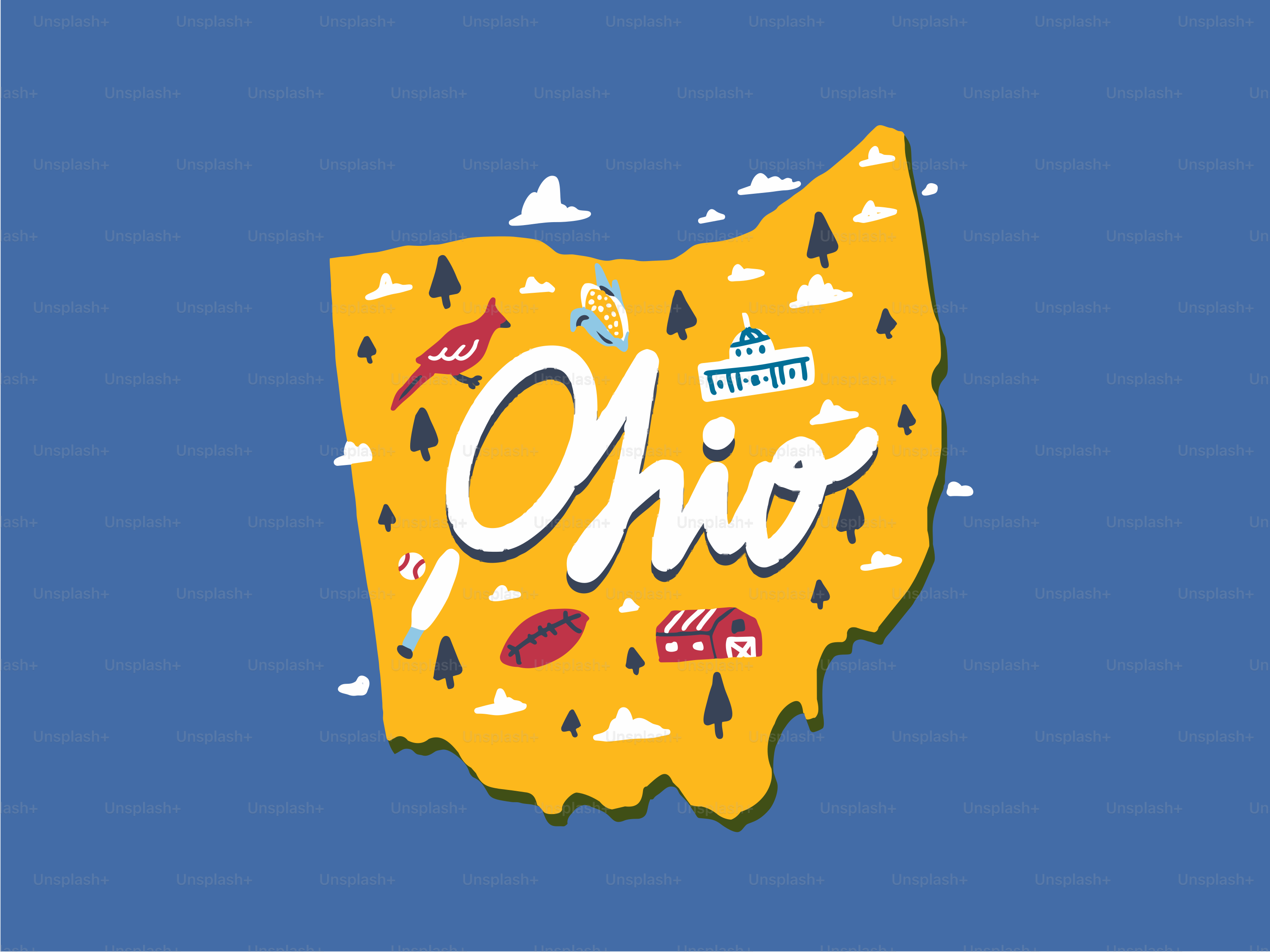 Ohio state map with iconic landmarks and symbols