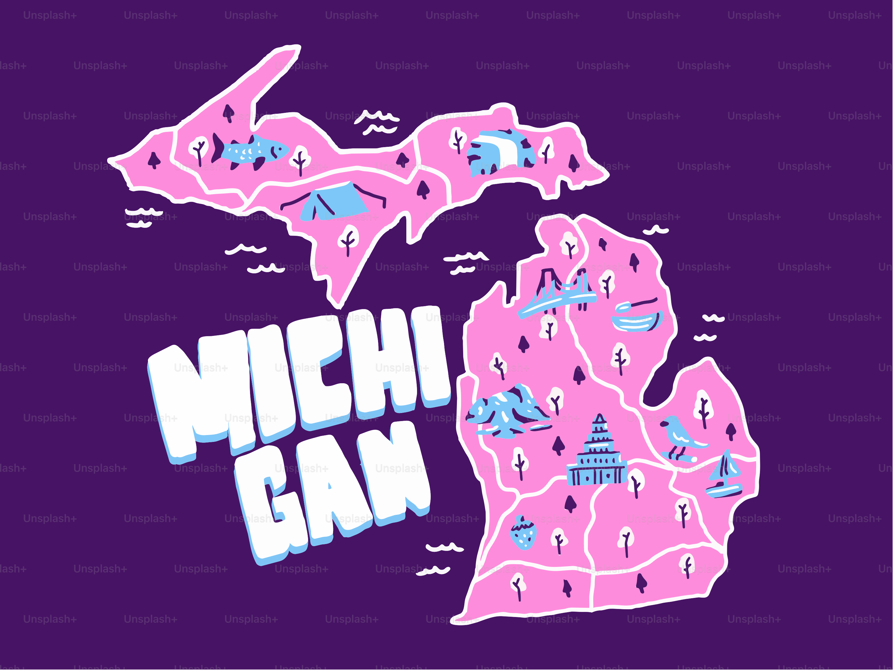 Map of michigan with various landmarks and activities.