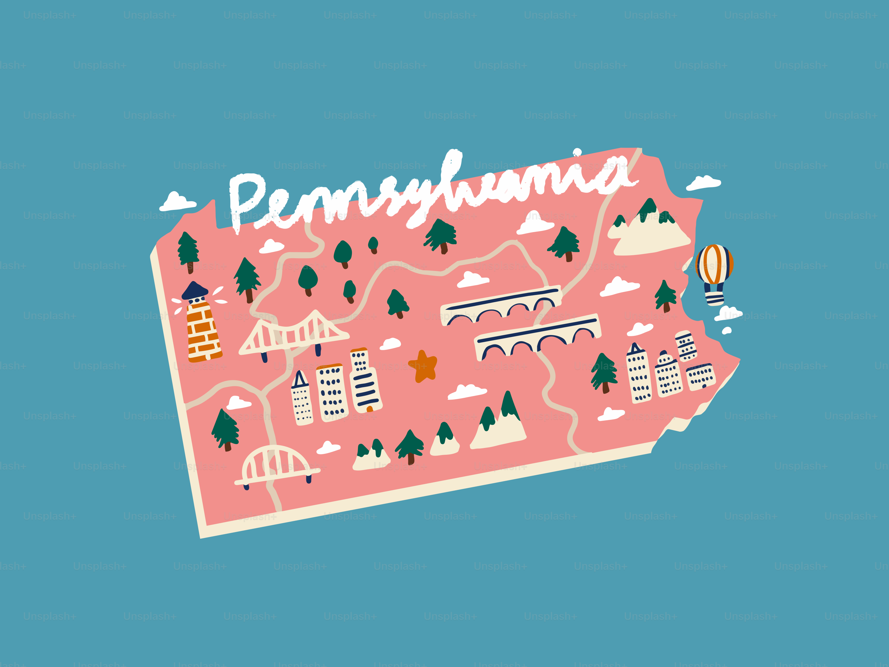 Map of pennsylvania with landmarks and trees