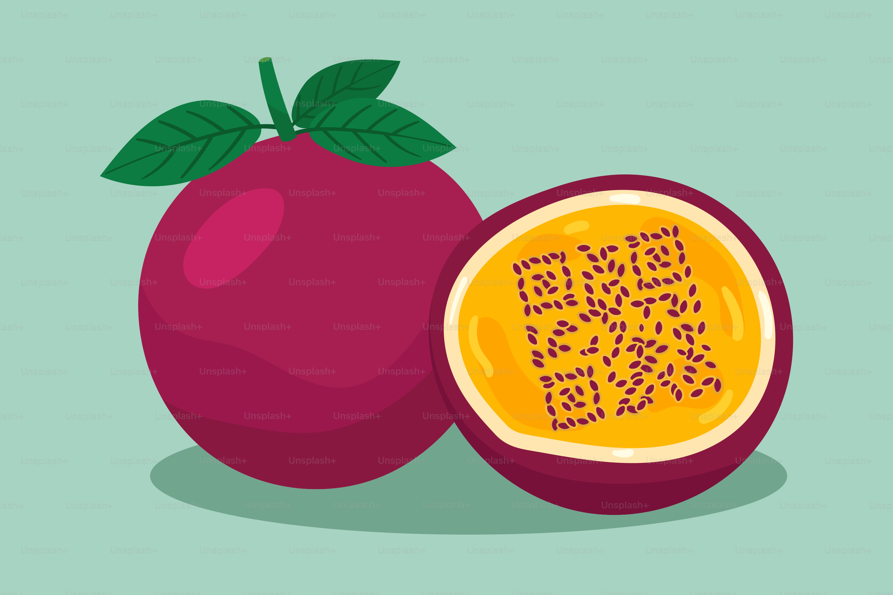 A whole and halved passion fruit with qr code.