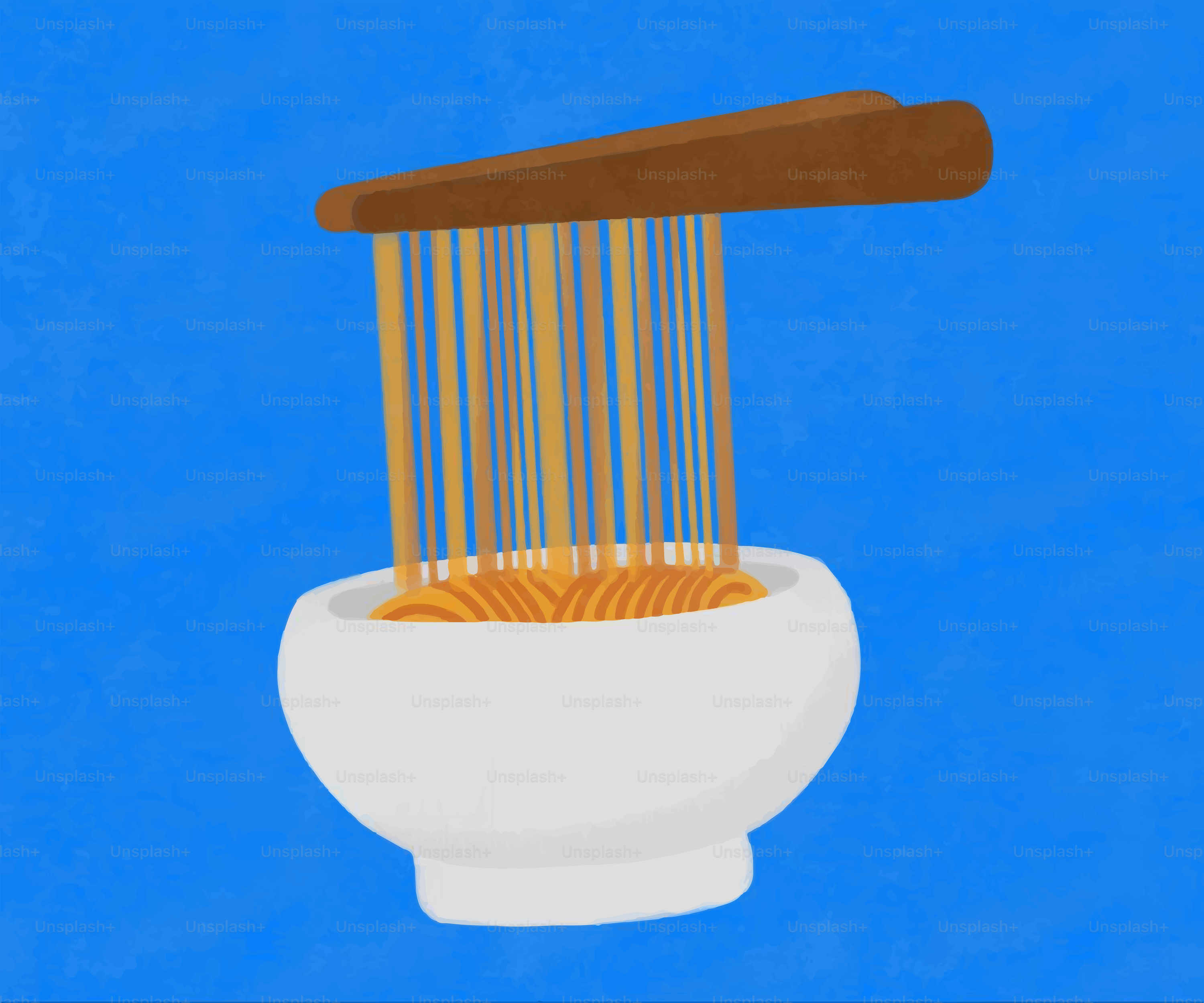 Macarrão espaguete sendo retirado de uma tigela branca.