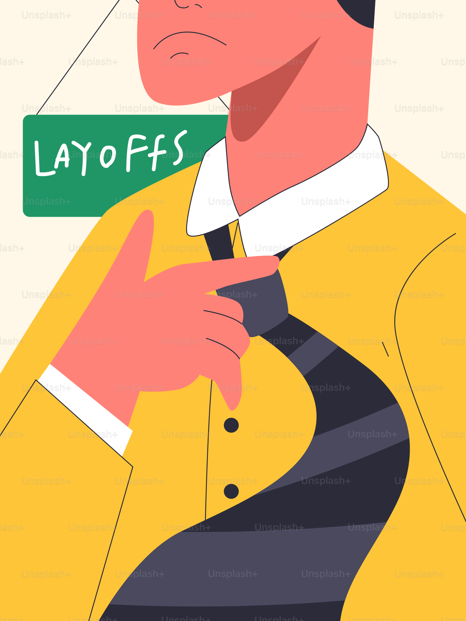 Mann im gelben Anzug passt die Krawatte mit Entlassungsschild an