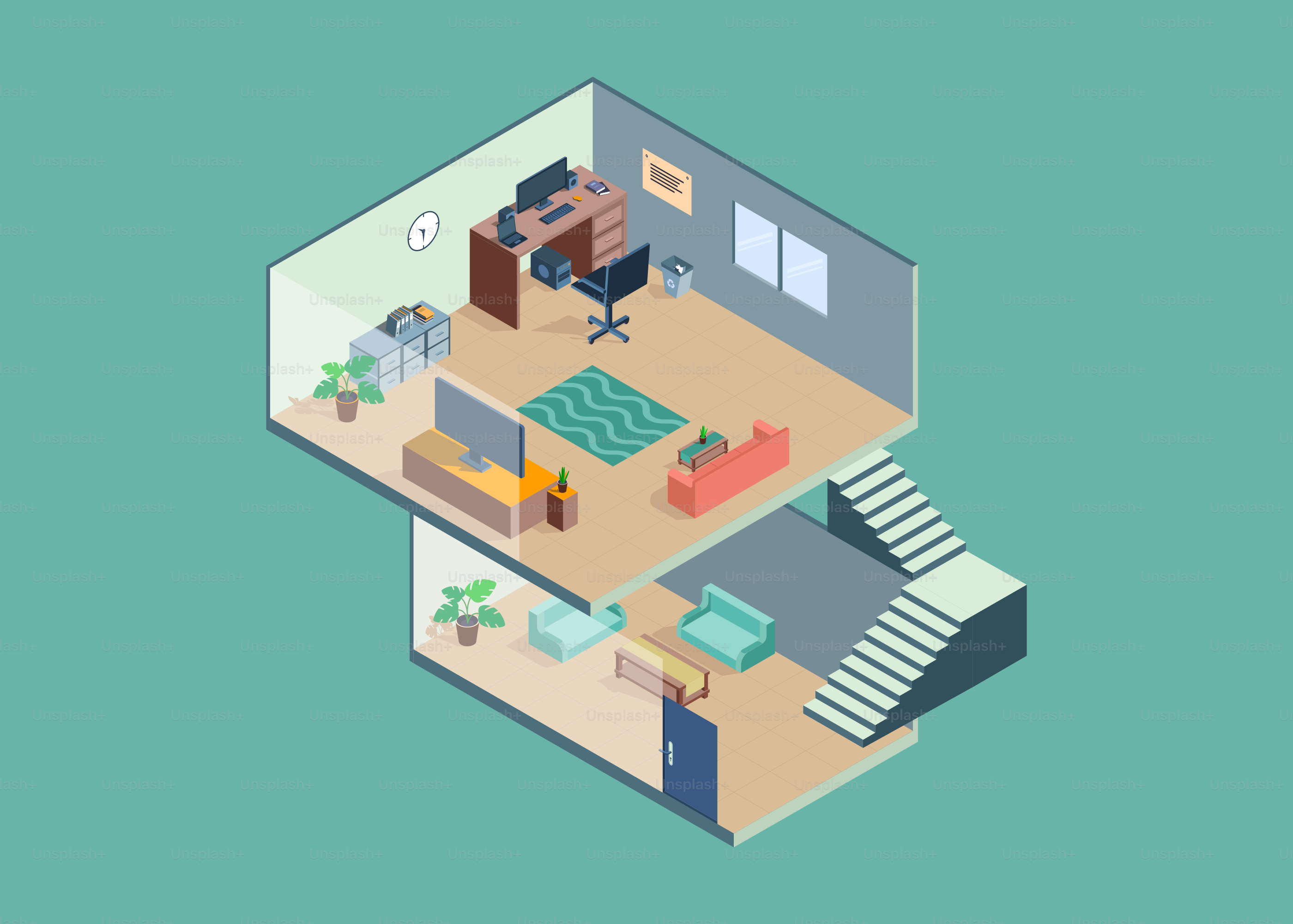 Isometrische Ansicht eines modernen zweistöckigen Hausinnenraums