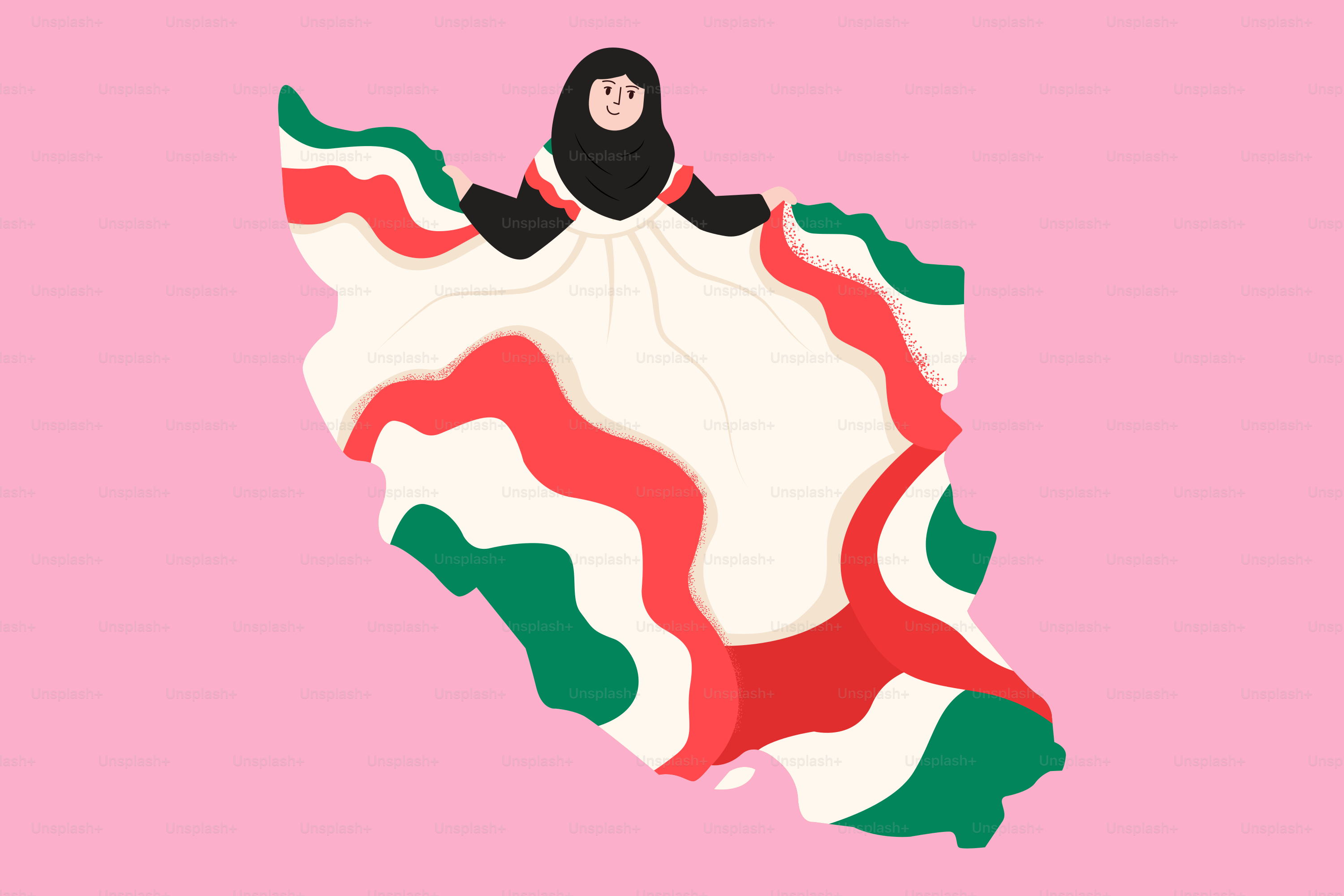 Mujer con vestido con bandera de Irán en mapa del país