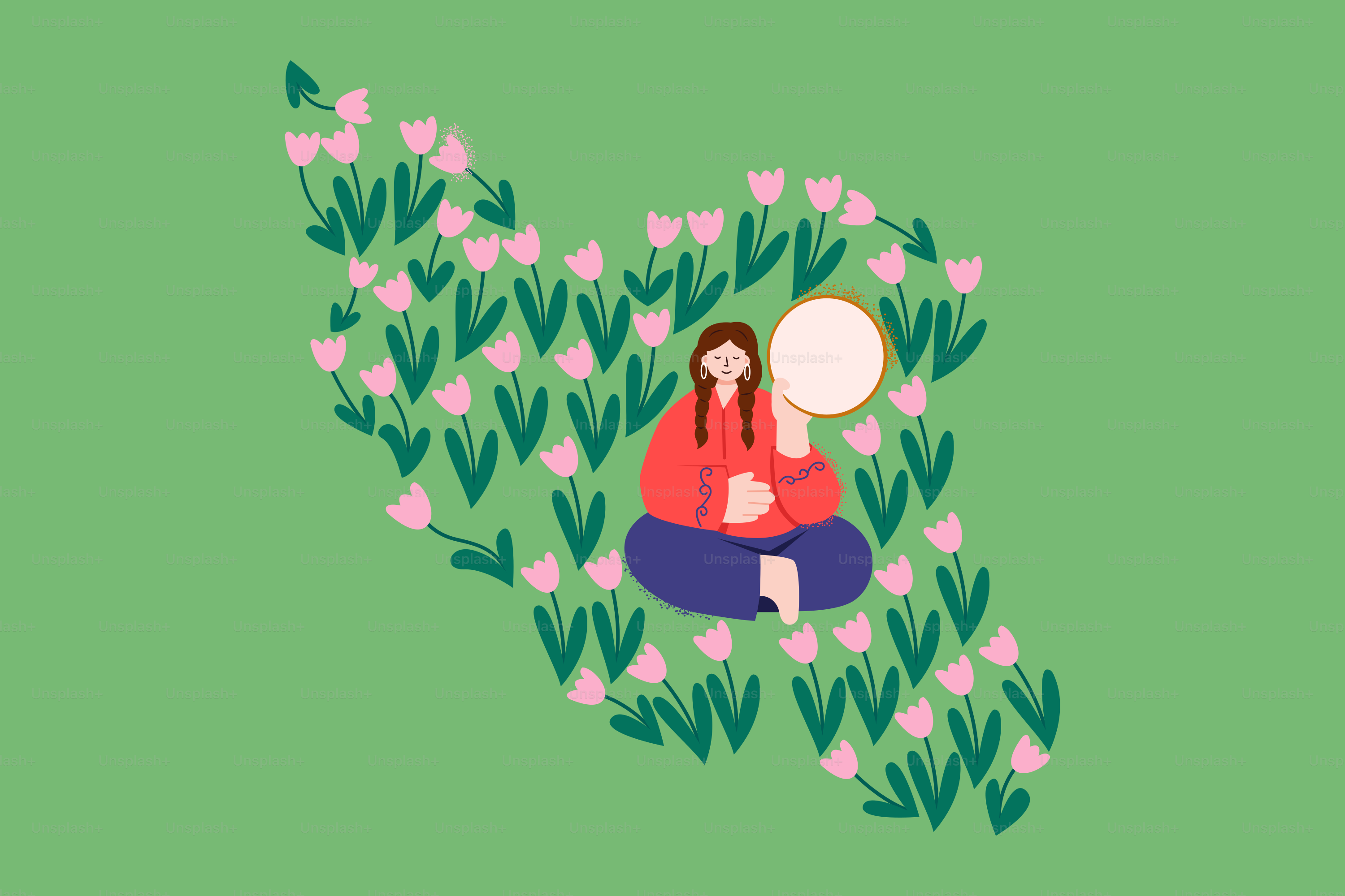 Mujer sentada en un campo de tulipanes rosas tocando la pandereta