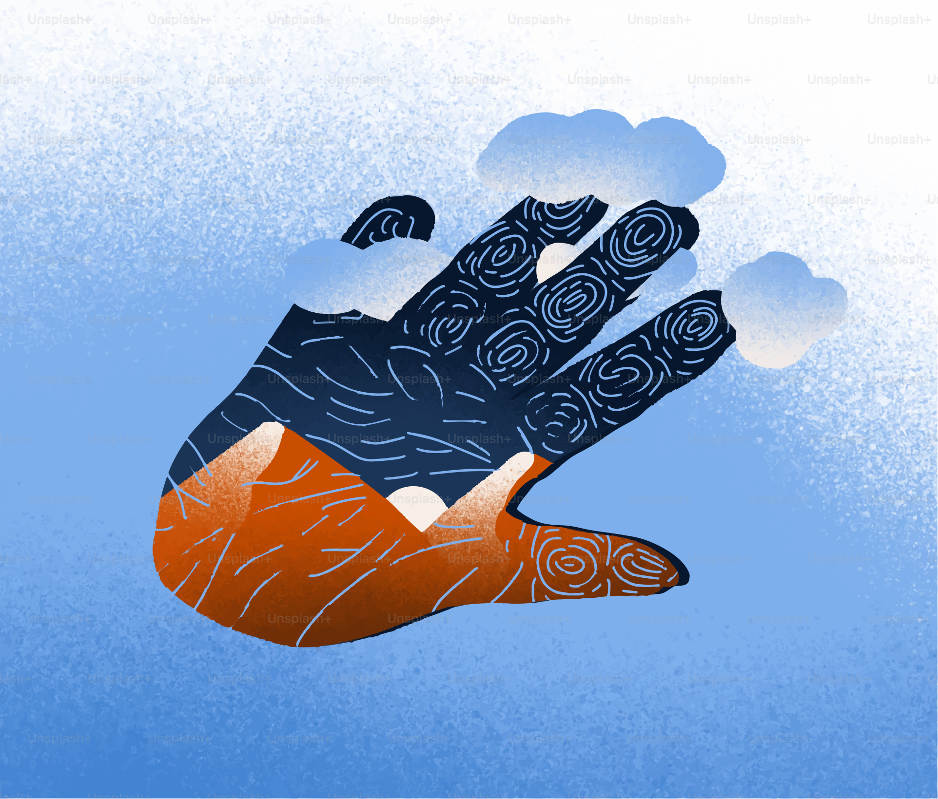 Mano con paisaje montañoso y nublado en el interior