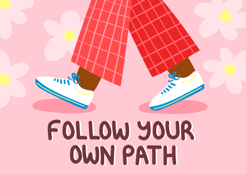 Feet in white sneakers walking on a pink floral background.