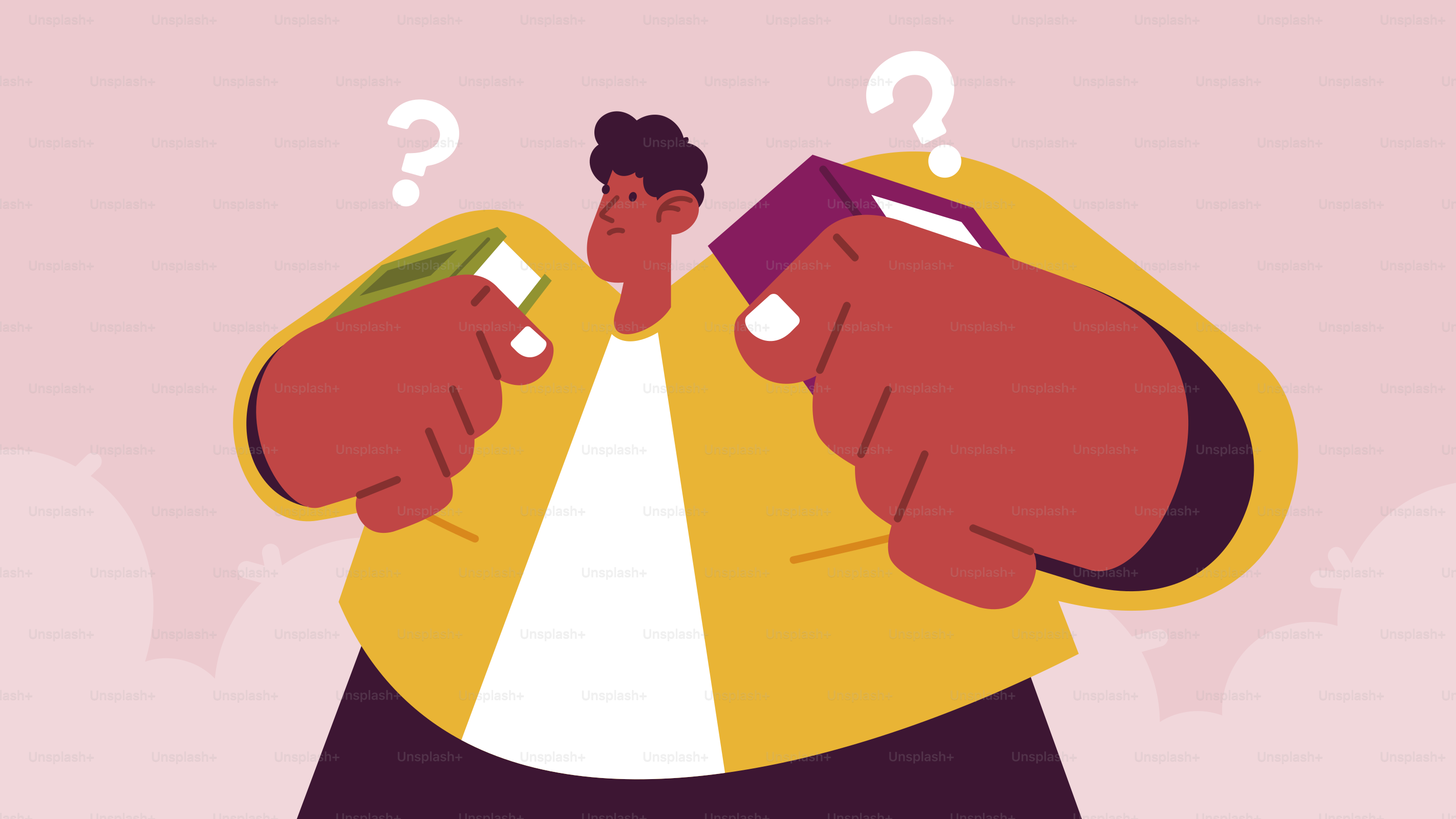 Person holding two different colored boxes with question marks.