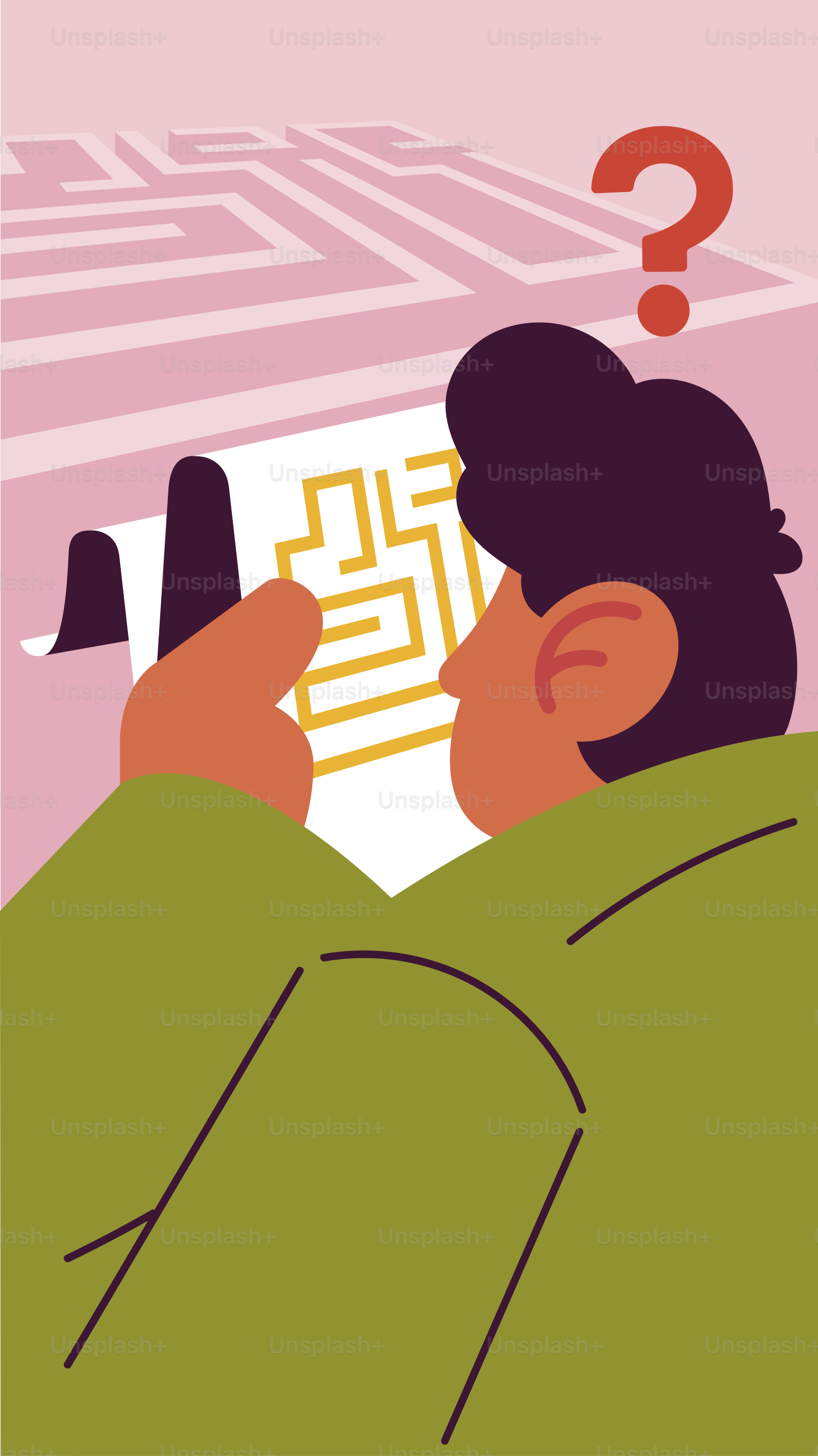 迷路を見つめる男性、疑問符付き